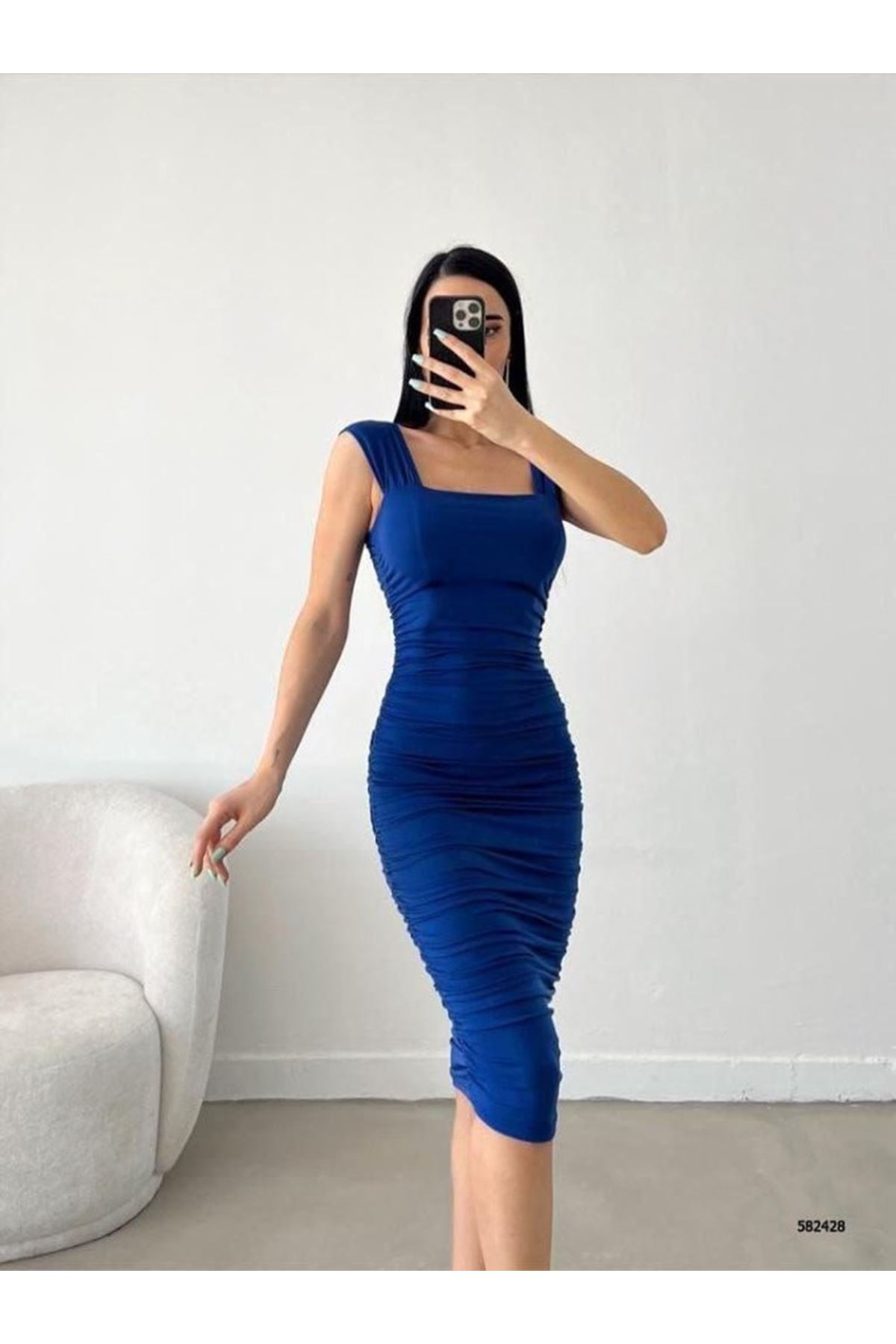 Kadın Sendy Kumaş Kalın Askılı Midi Boy Elbise