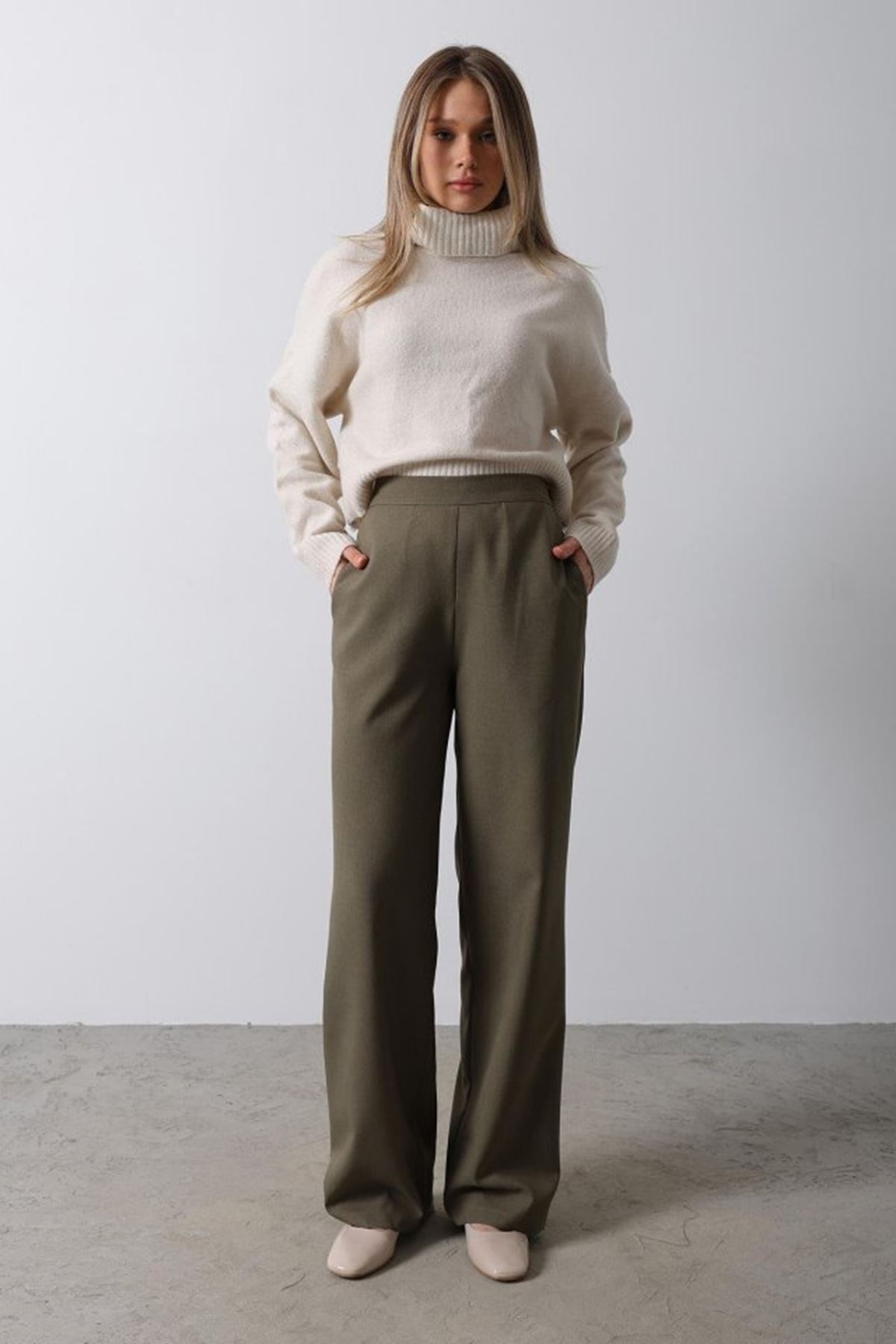 Beli Yarım Lastikli Palazzo Pantolon - Haki