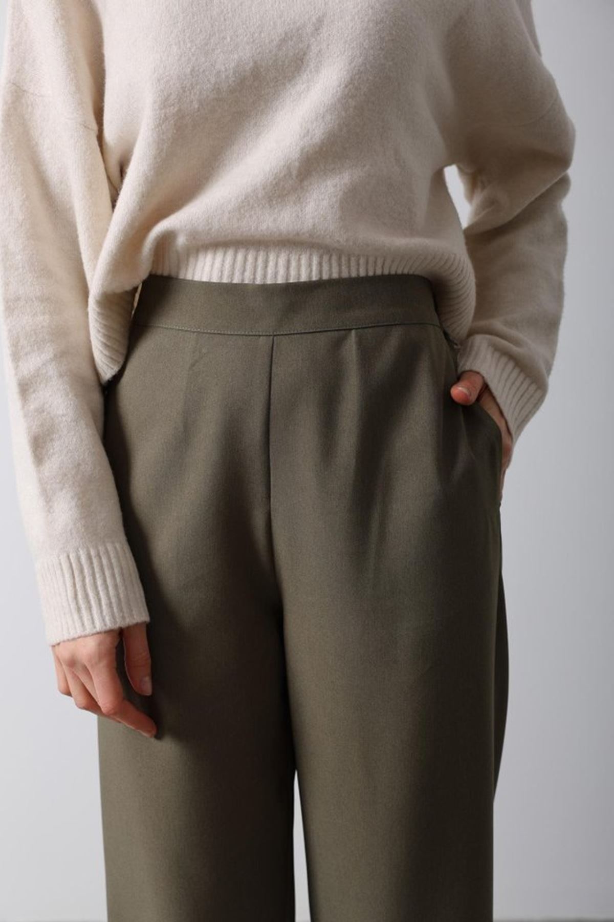 Beli Yarım Lastikli Palazzo Pantolon - Haki