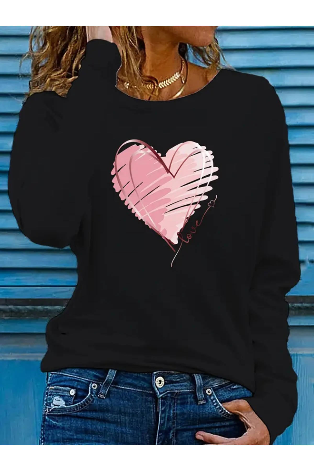Kadın Uzun Kollu Bisiklet Yaka Kalp Desenli Viskon Bluz