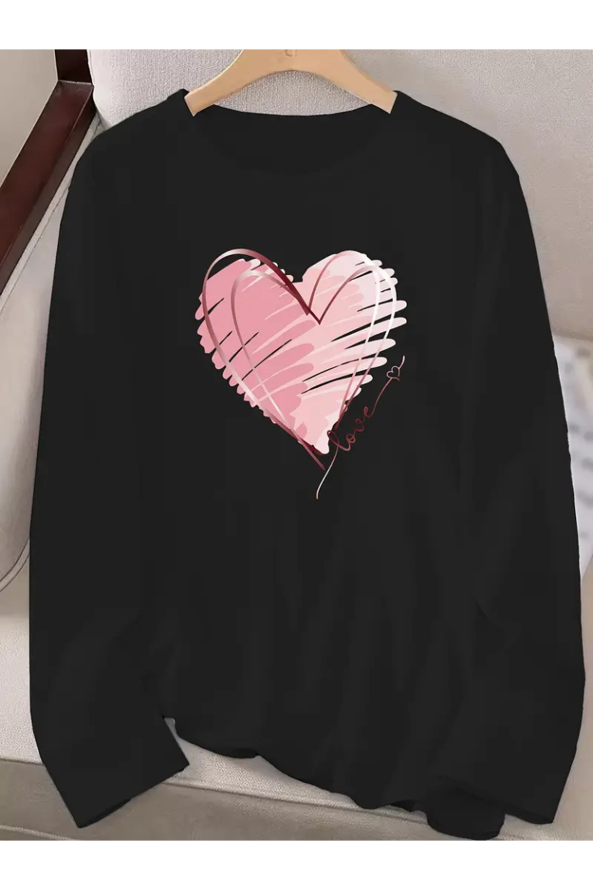 Kadın Uzun Kollu Bisiklet Yaka Kalp Desenli Viskon Bluz