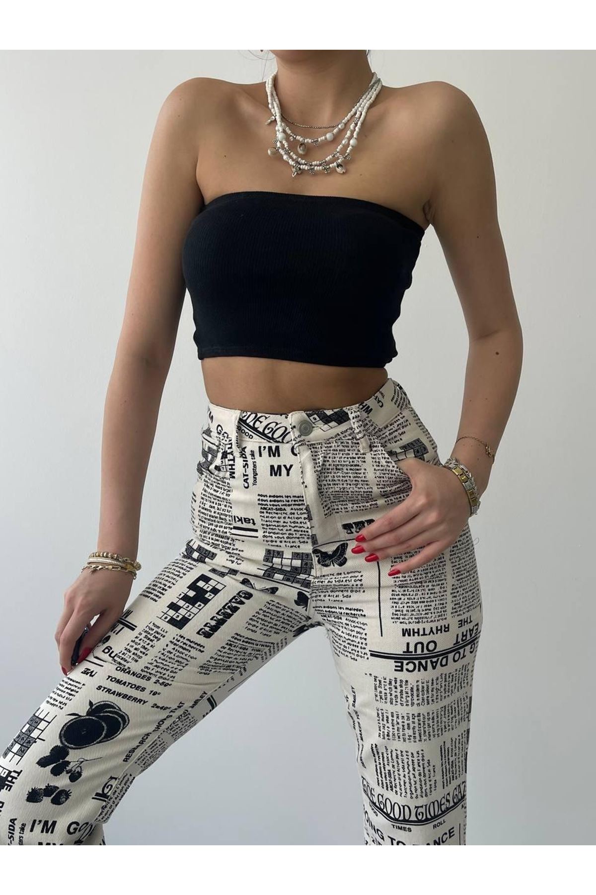 Novıne Gazete Desenli Pantolon