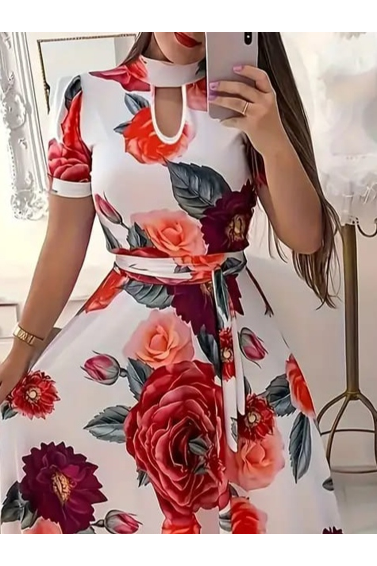 Kadın Kısa Kollu Pencere Detay Gül Baskılı Tam Boy Kiloş Elbise