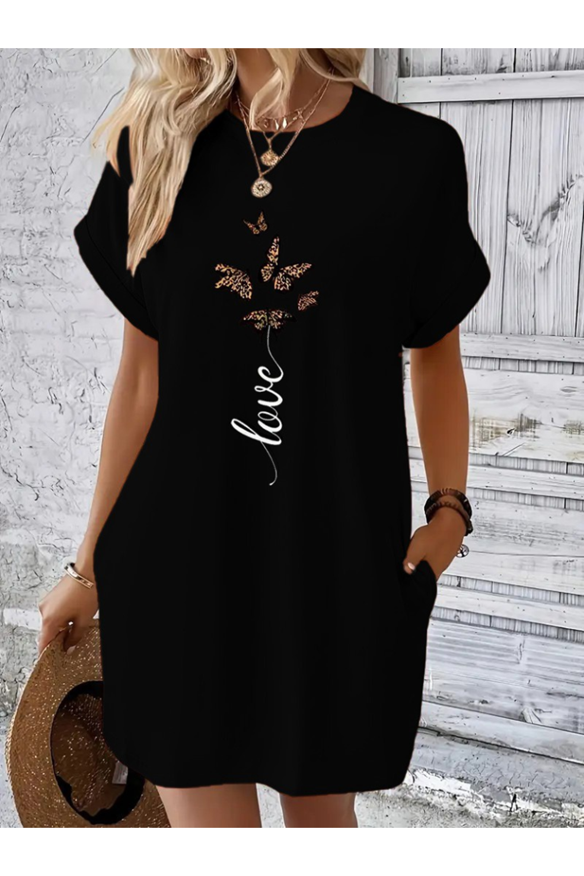 Kadın Kısa Kollu Bisiklet Yaka Cepli Kelebek Baskılı Viskon Elbise