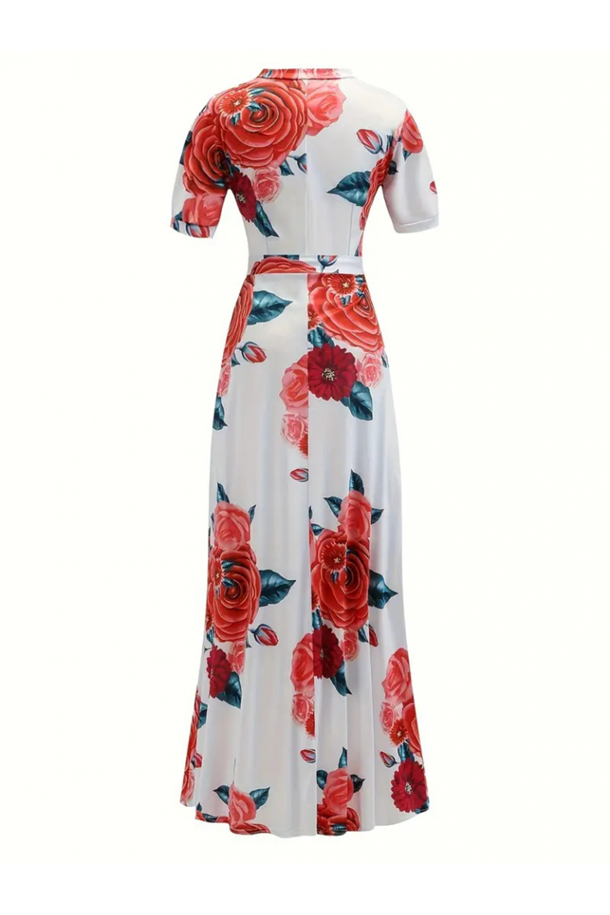 Kadın Kısa Kollu Pencere Detay Gül Baskılı Tam Boy Kiloş Elbise