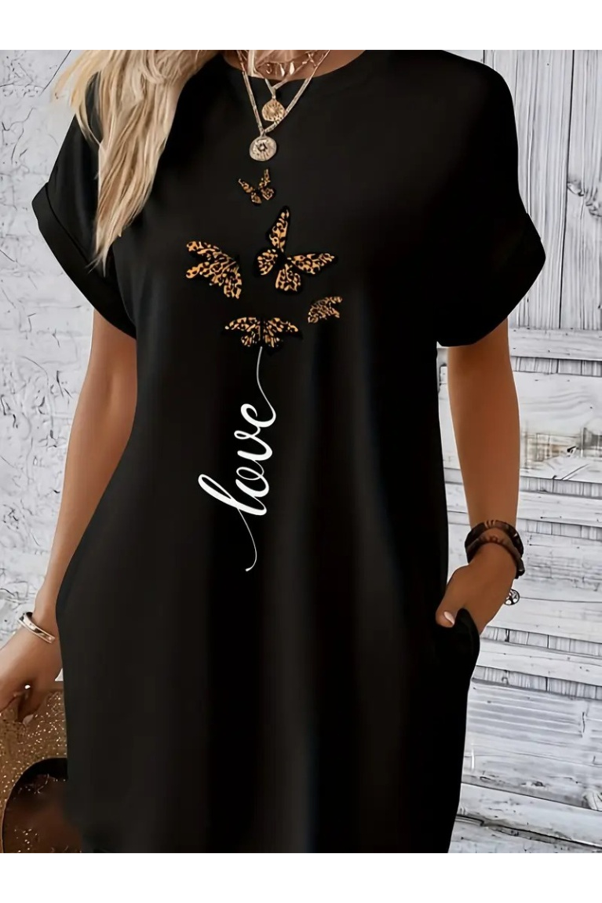 Kadın Kısa Kollu Bisiklet Yaka Cepli Kelebek Baskılı Viskon Elbise