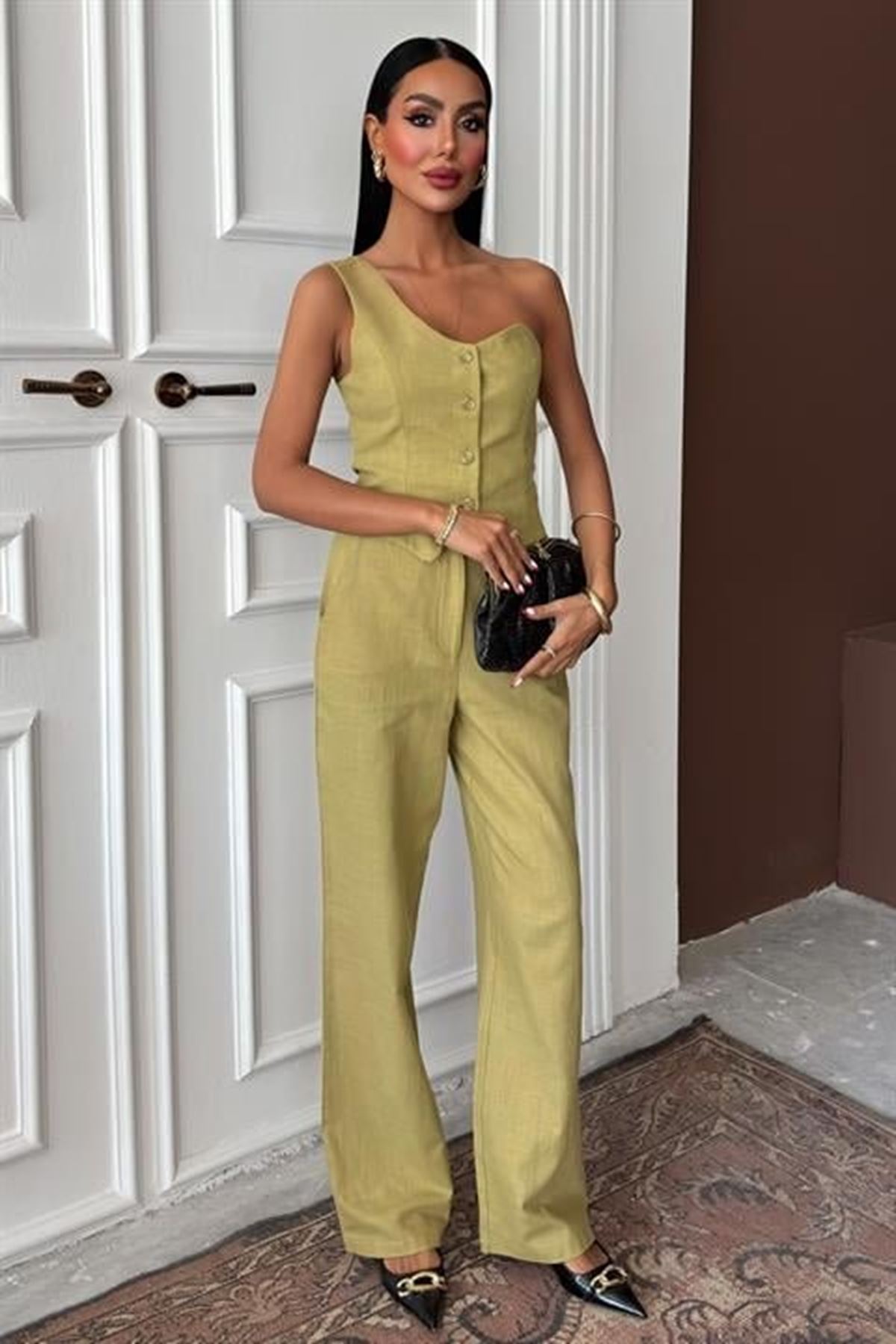 Tek Omuz Büstiyer Plazzo Pantolon Viscon Takım 10159