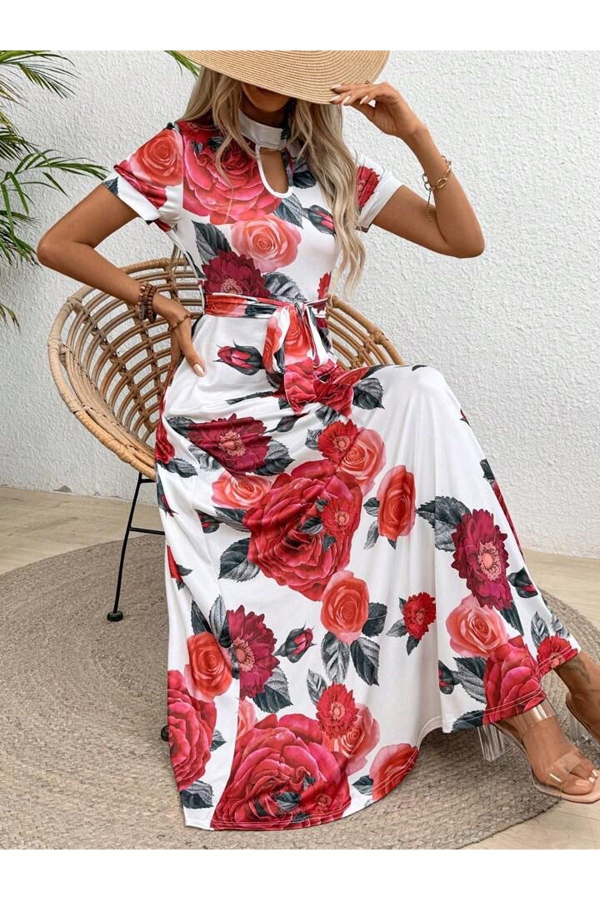 Kadın Kısa Kollu Pencere Detay Gül Baskılı Tam Boy Kiloş Elbise