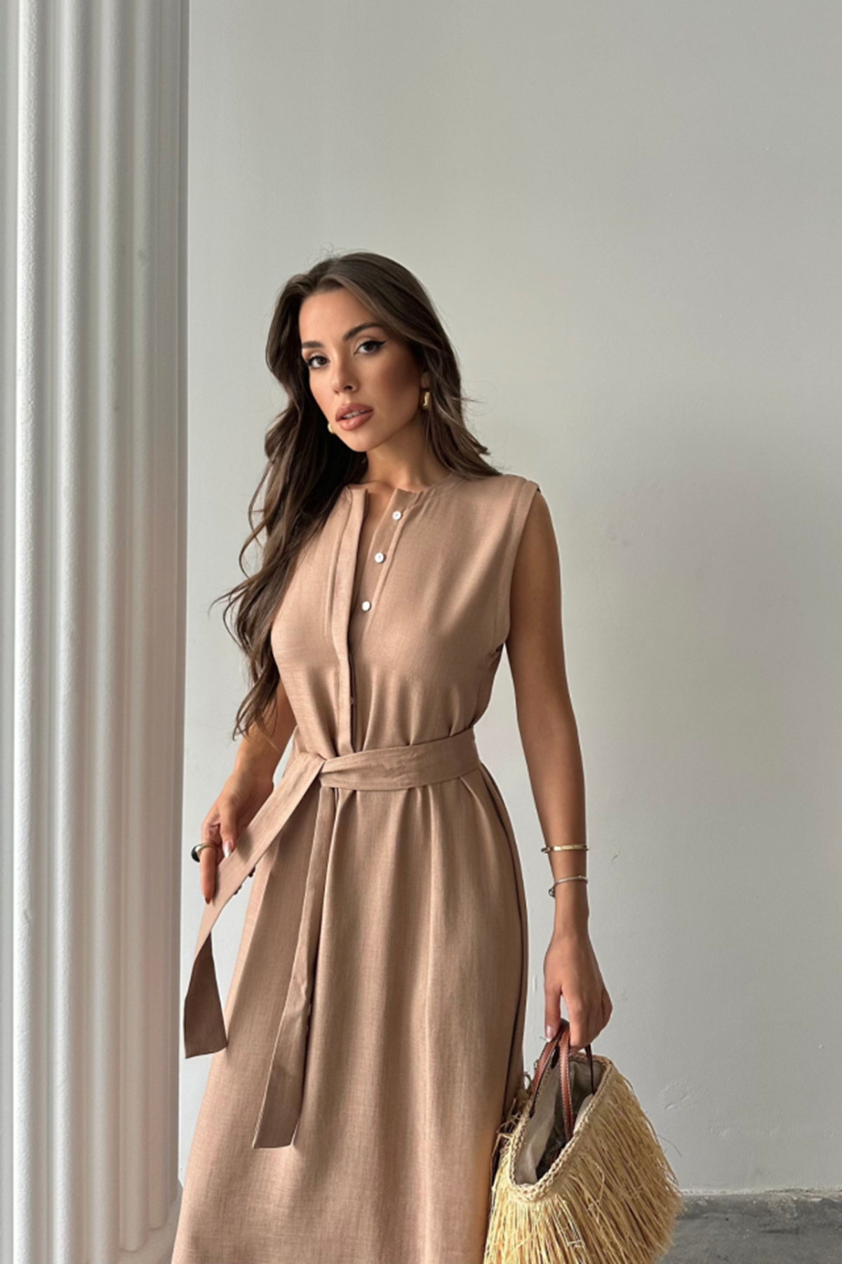 KETEN ELBİSE KOLSUZ BEL BAĞLAMALI MAXİ ELBİSE - Kahverengi