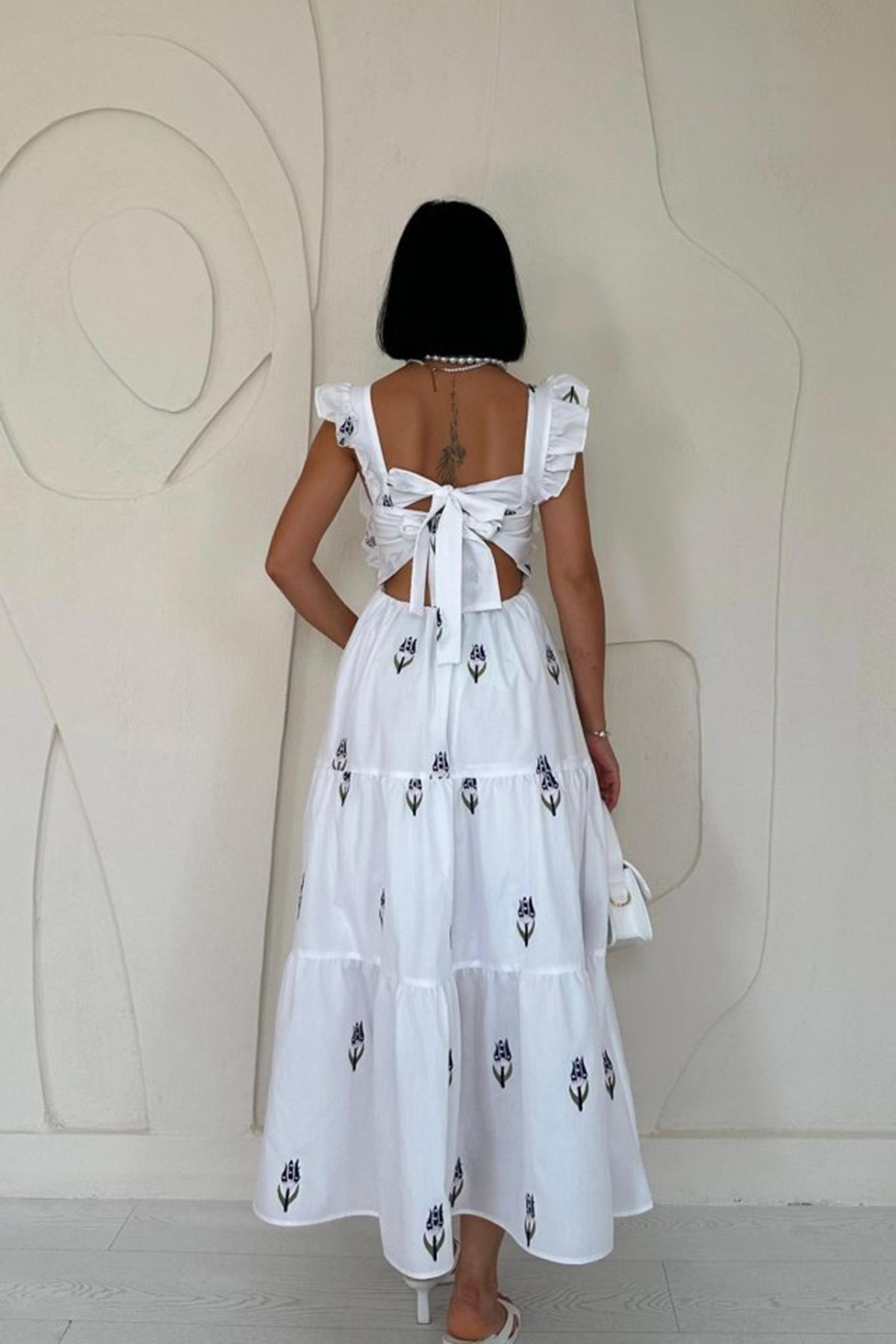 Lacivert Sıfır Kol Fırfırlı Elbise