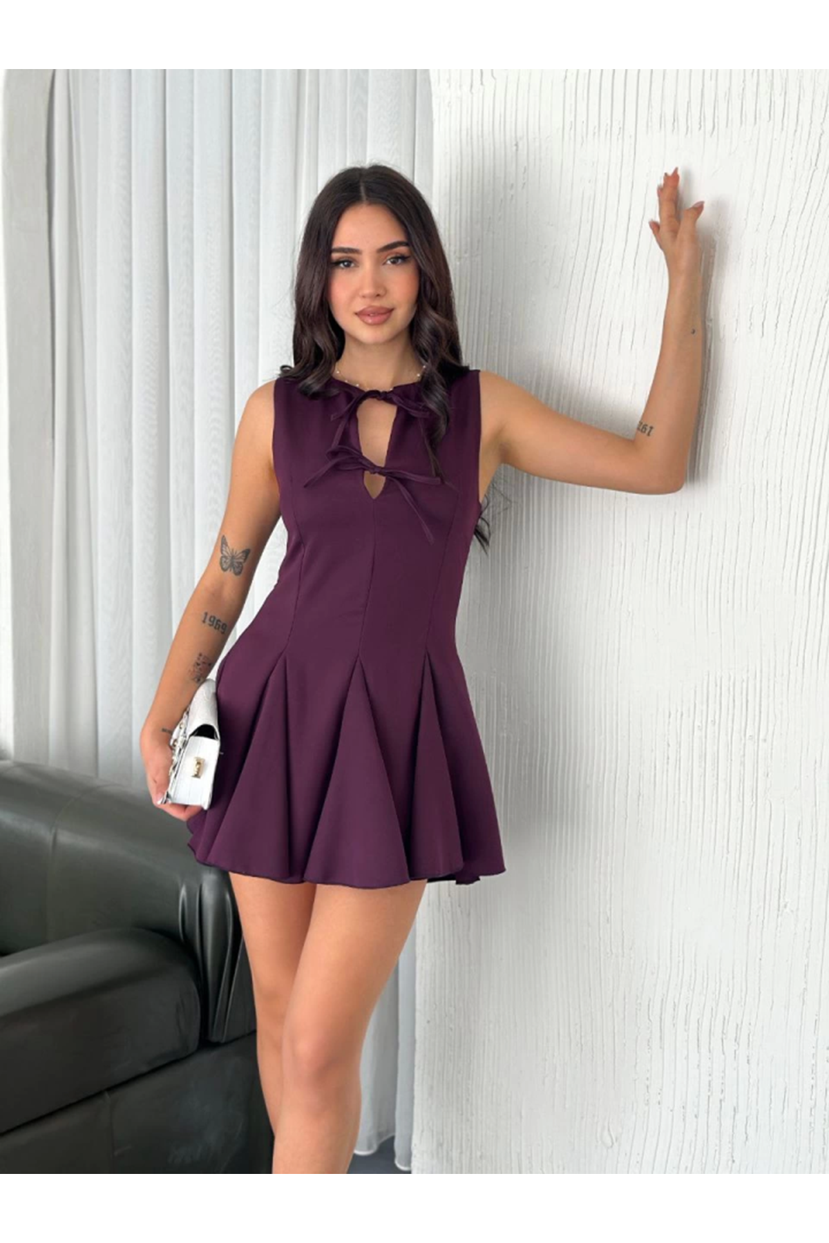 Göğüs Bağlamalı Kolsuz Mini Boy Elbise - Gül Kurusu