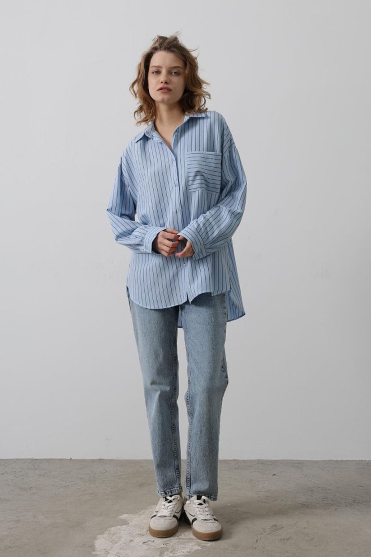Çizgili Tek Cep Gömlek - Bebe Mavisi