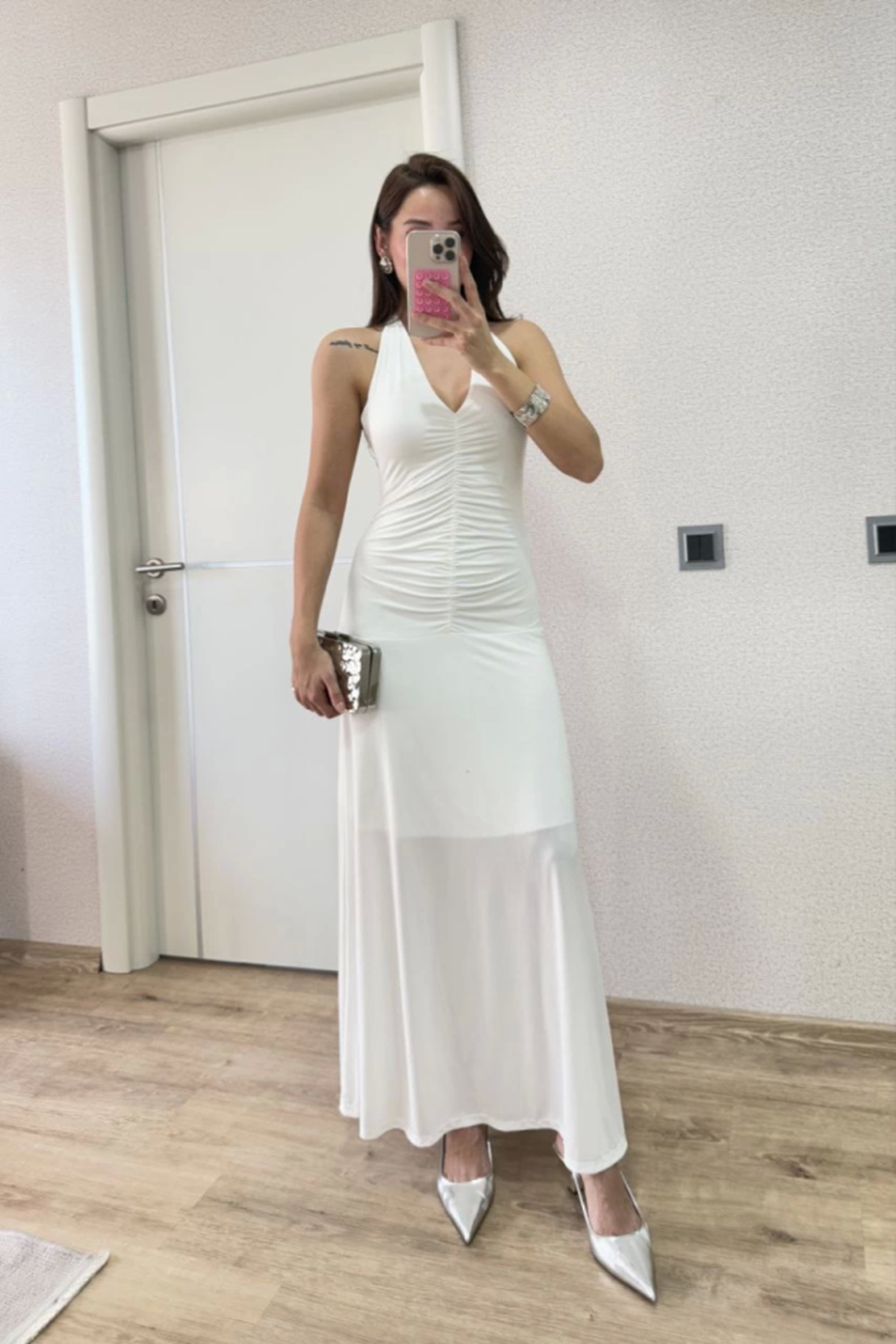 Sırt Dekolteli Uzun Kollu Elbise - Beyaz