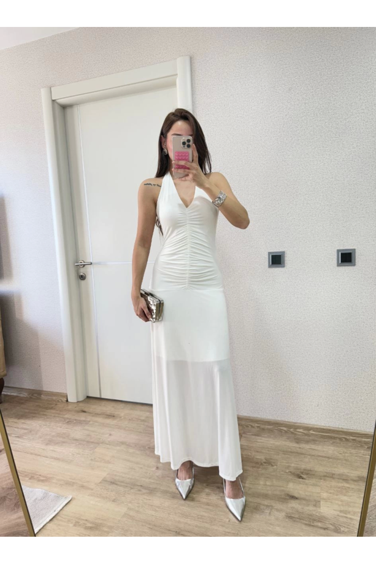 Sırt Dekolteli Uzun Kollu Elbise - Beyaz
