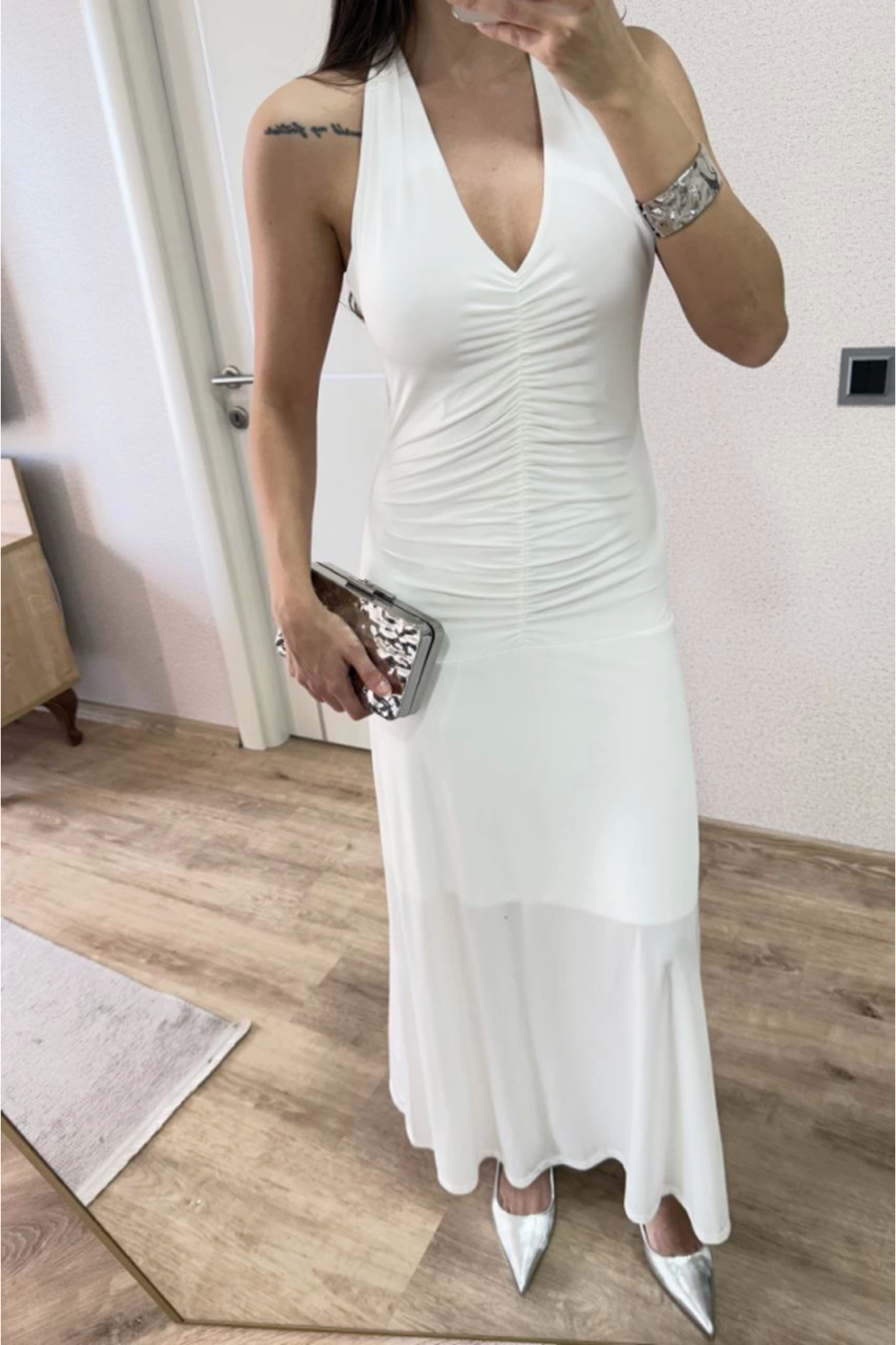 Sırt Dekolteli Uzun Kollu Elbise - Beyaz