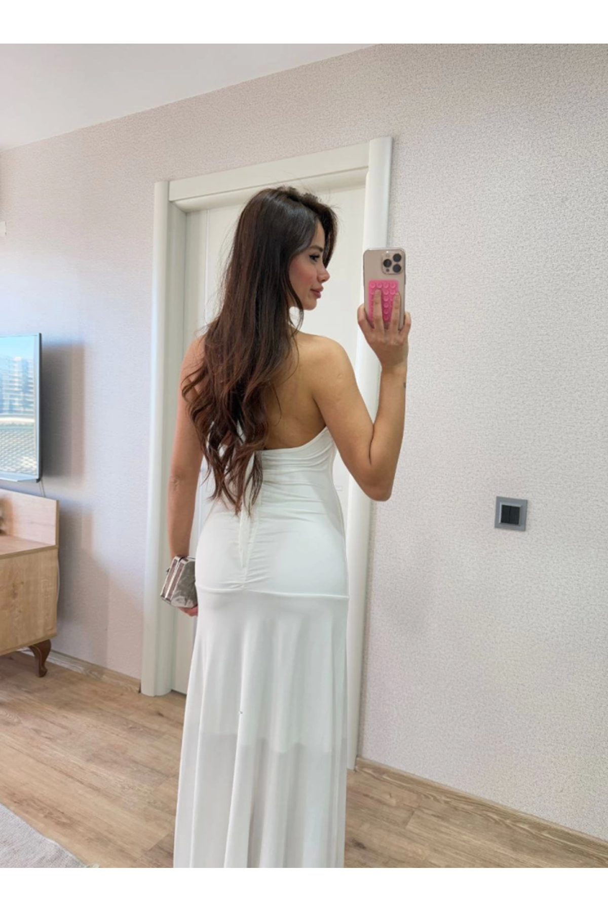 Sırt Dekolteli Uzun Kollu Elbise - Beyaz