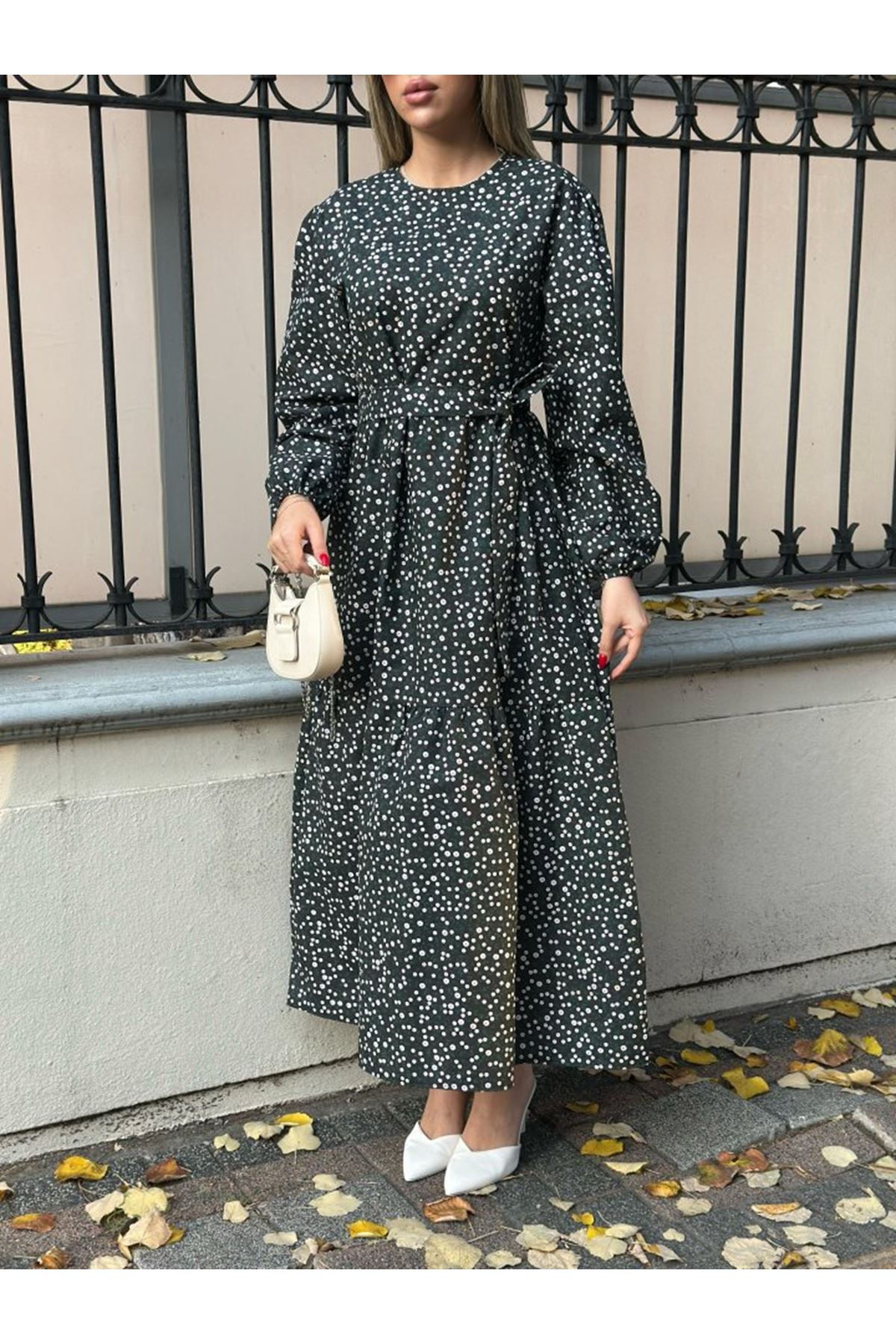 Kadın Uzun Kollu Bisiklet Yaka Papatya Desen Kuşak Dahil Maxi Boy Elbise