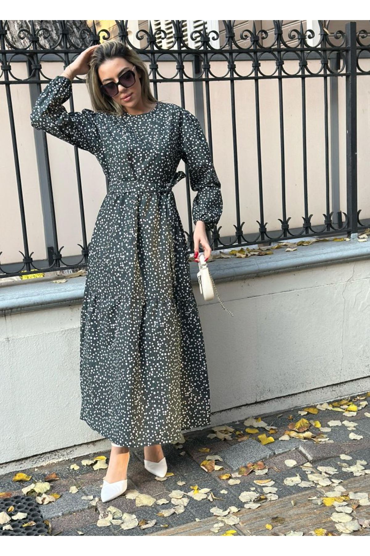 Kadın Uzun Kollu Bisiklet Yaka Papatya Desen Kuşak Dahil Maxi Boy Elbise