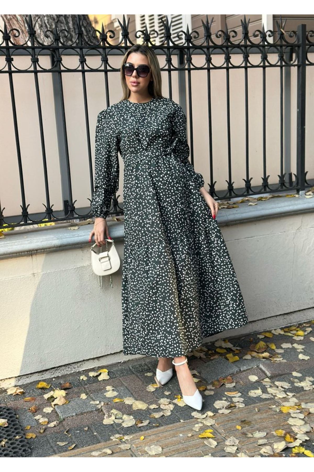 Kadın Uzun Kollu Bisiklet Yaka Papatya Desen Kuşak Dahil Maxi Boy Elbise