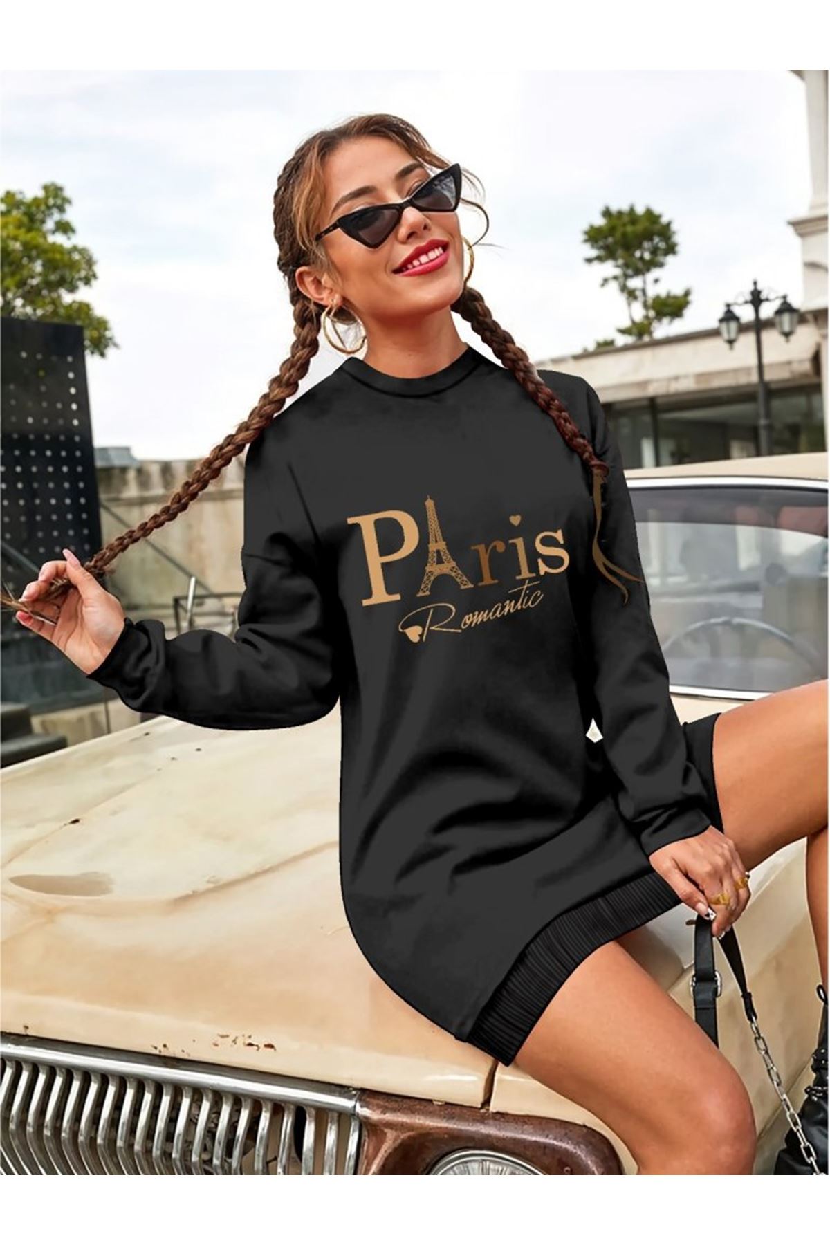 Kadın Uzun Kollu Bisiklet Yaka Yazılı Kısa Viskon Iki Iplik Elbise