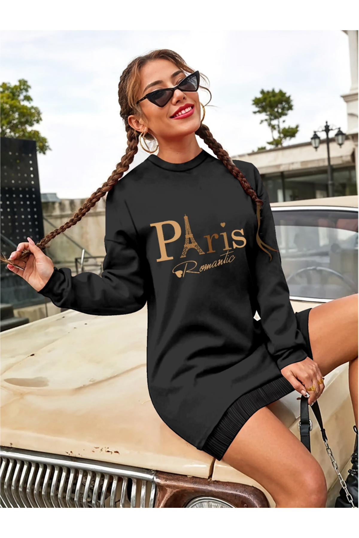 Kadın Uzun Kollu Bisiklet Yaka Yazılı Kısa Viskon Iki Iplik Elbise