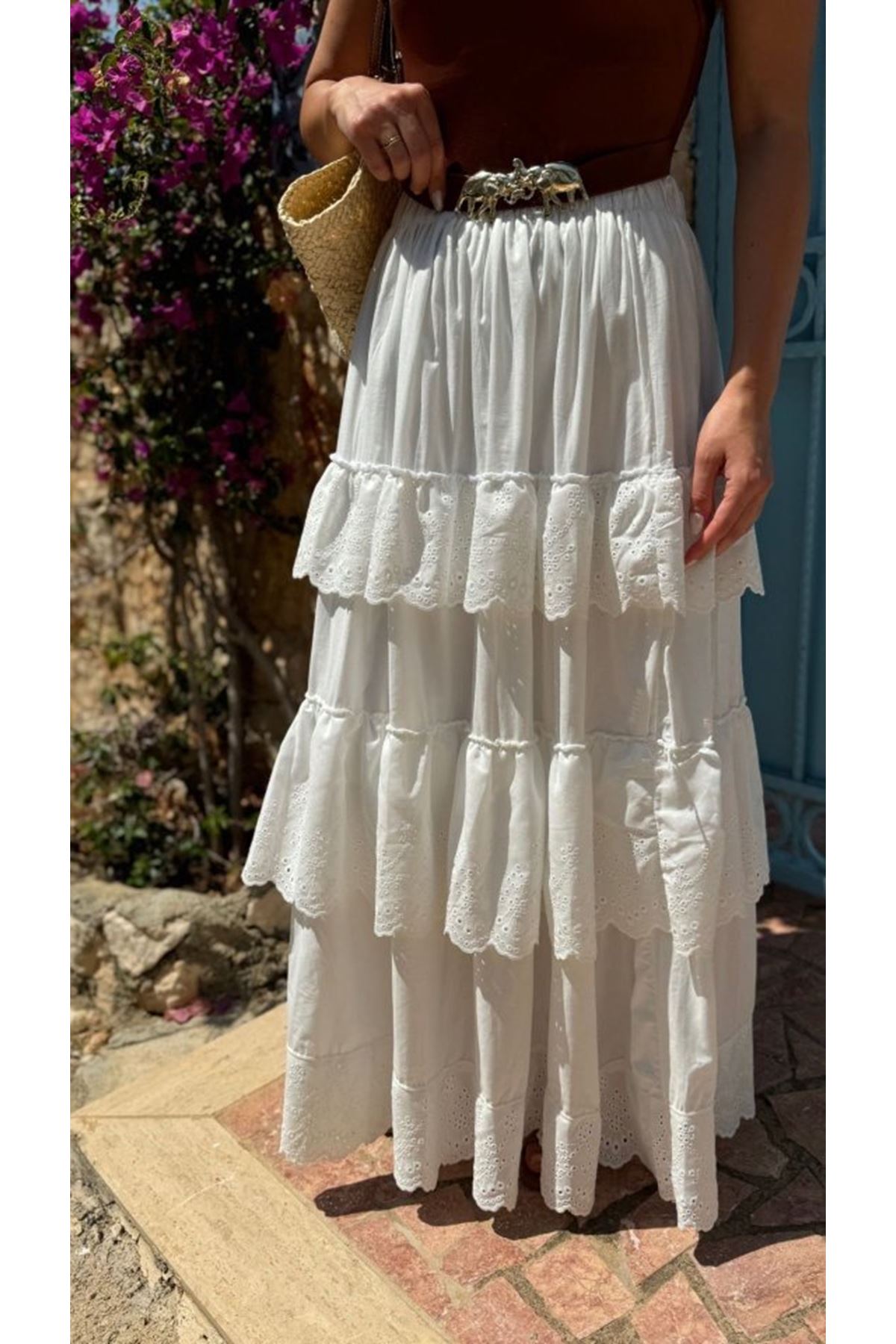 Katlı Pileli Etek - Ekru