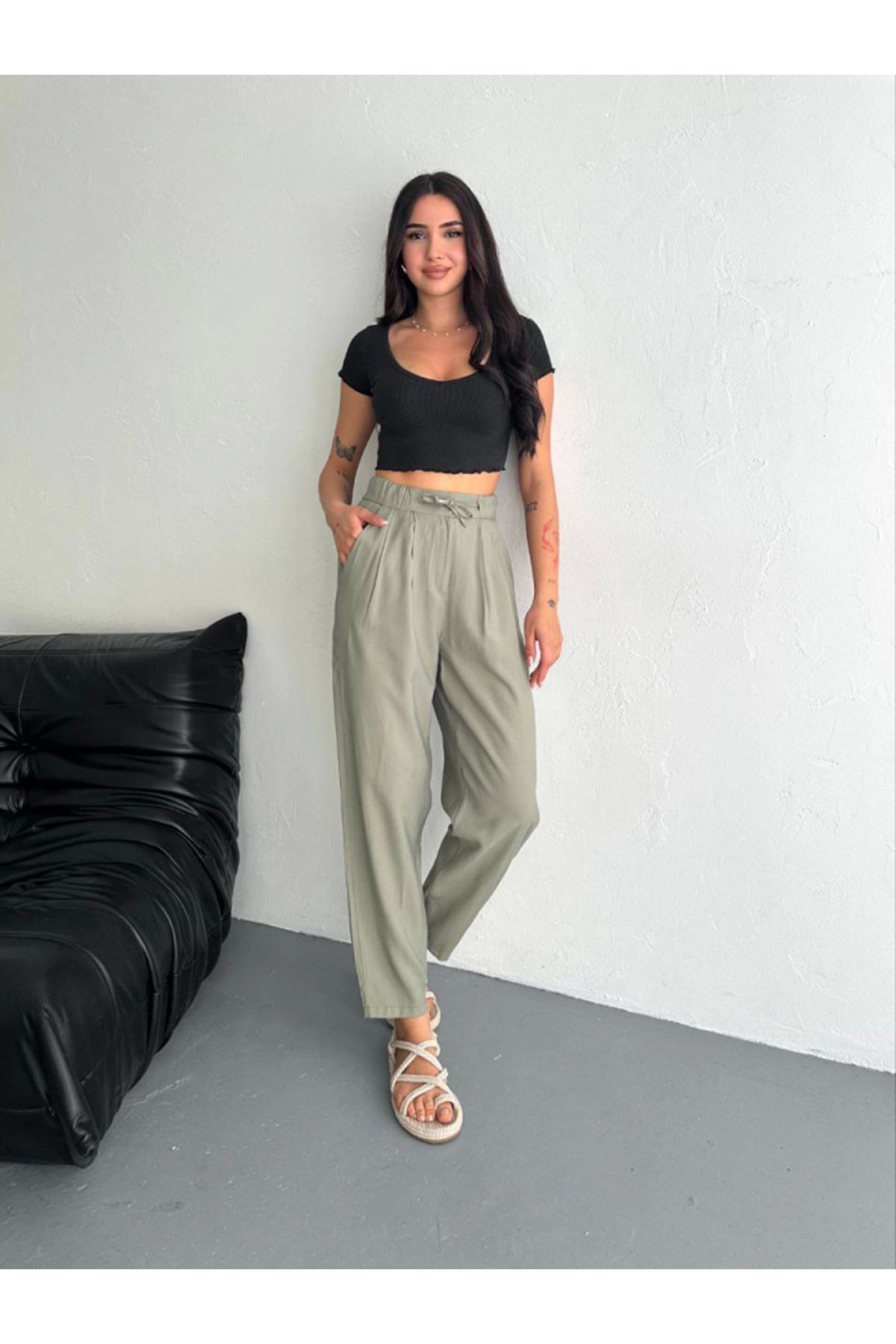 Yüksel Bel Rahat Paça Pantalon - Su Yeşili