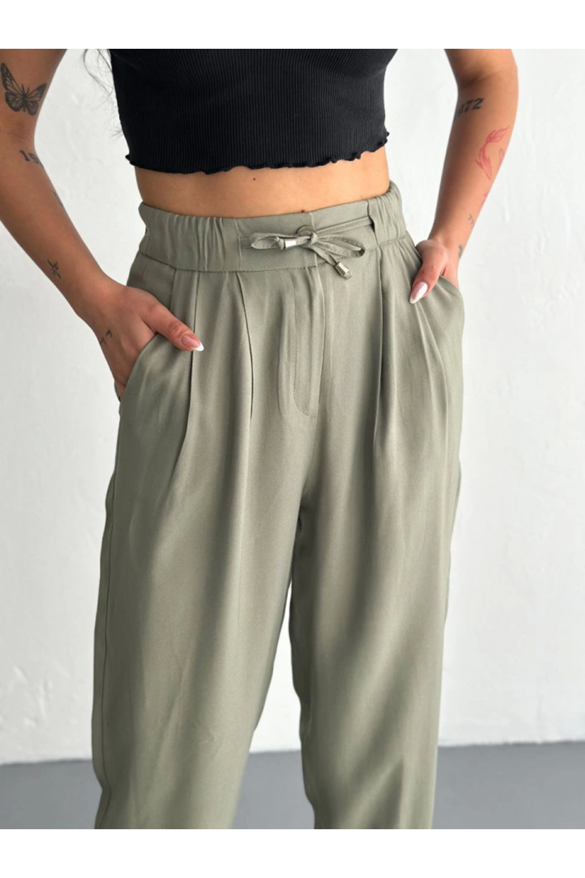 Yüksel Bel Rahat Paça Pantalon - Su Yeşili