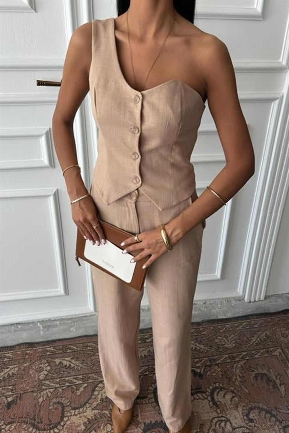 Tek Omuz Büstiyer Plazzo Pantolon Viscon Takım 10159