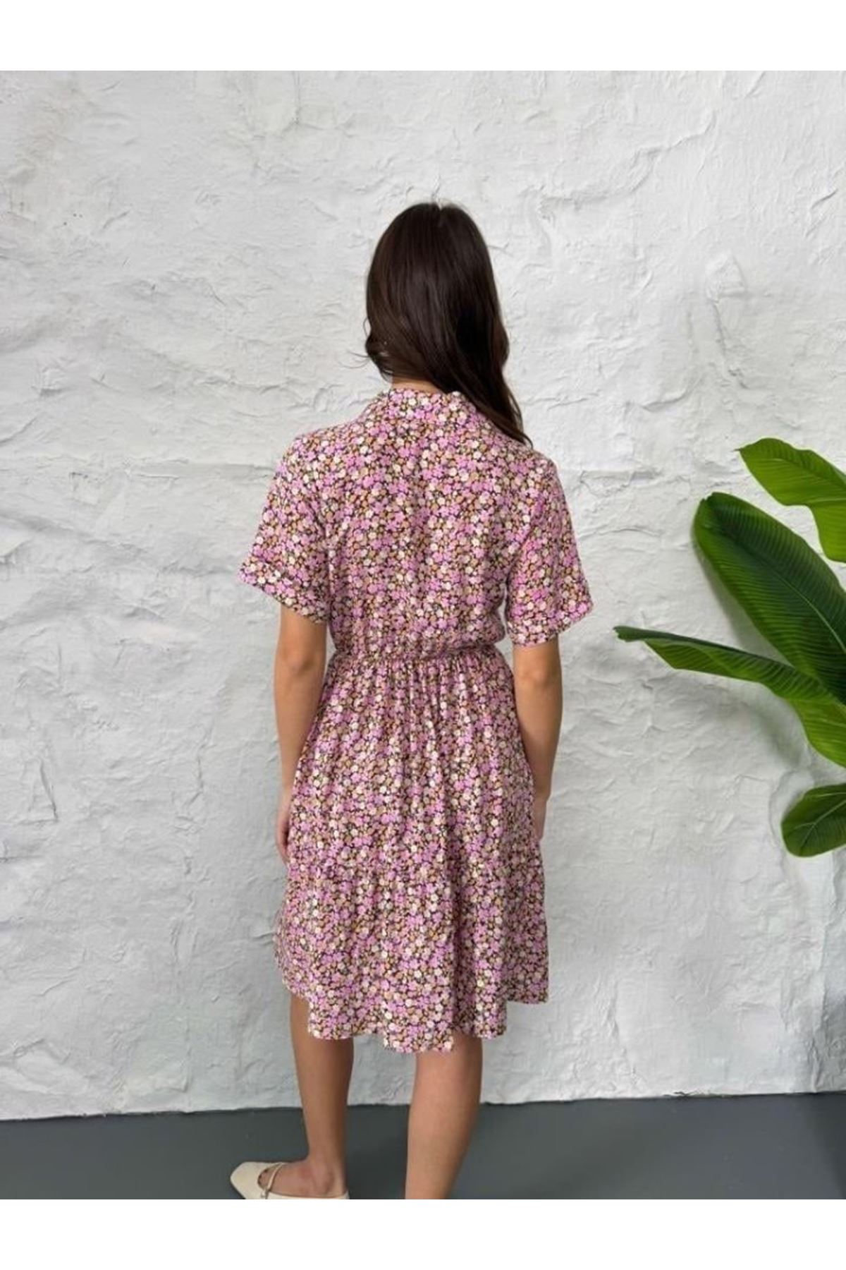 Baskılı Keten Elbise - Lila