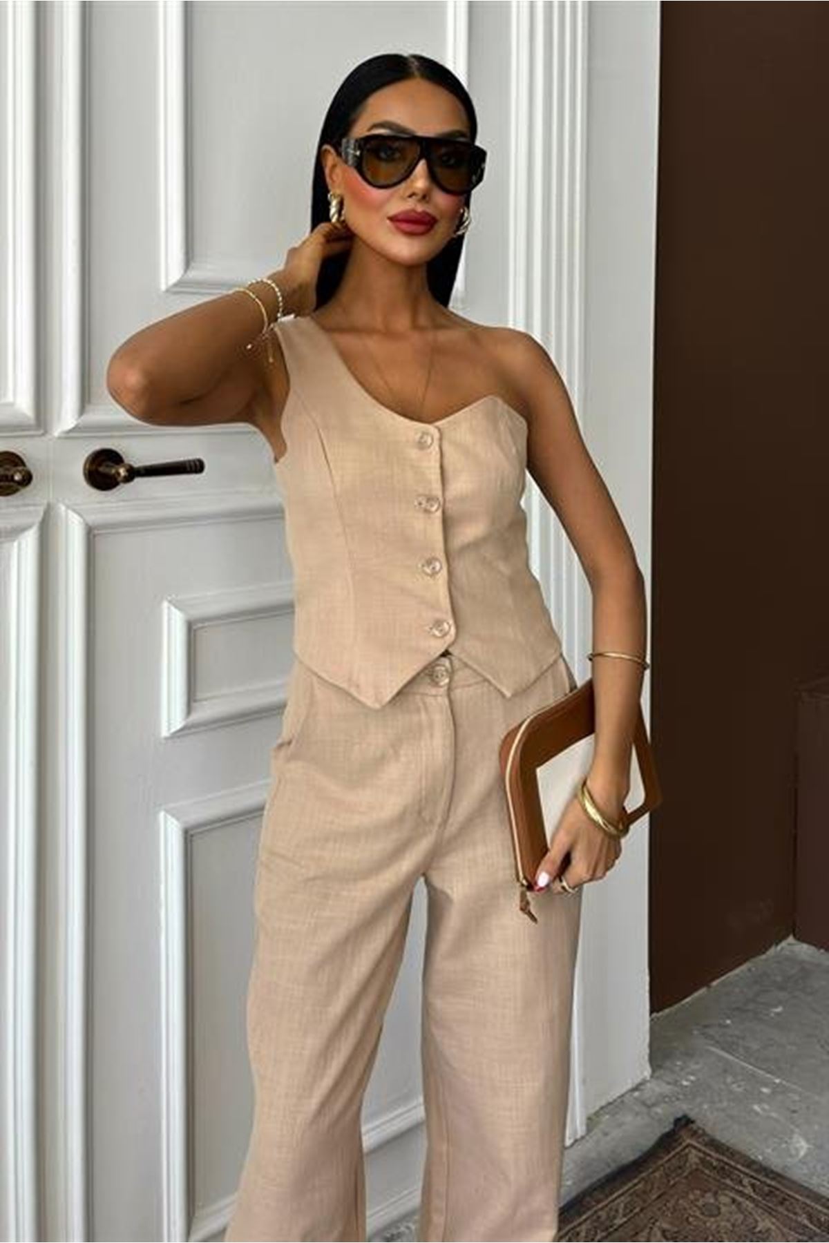 Tek Omuz Büstiyer Plazzo Pantolon Viscon Takım 10159