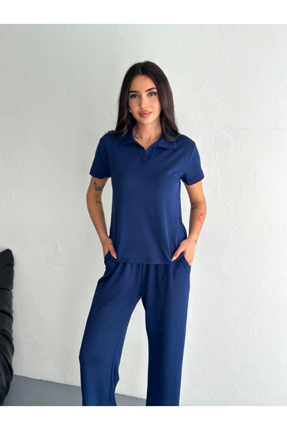 Osy Modal Yumuşak Dokulu Kumaş Kısa Kollu Yakalı T-shirt Pantalon Ikili Takım- Lacivert