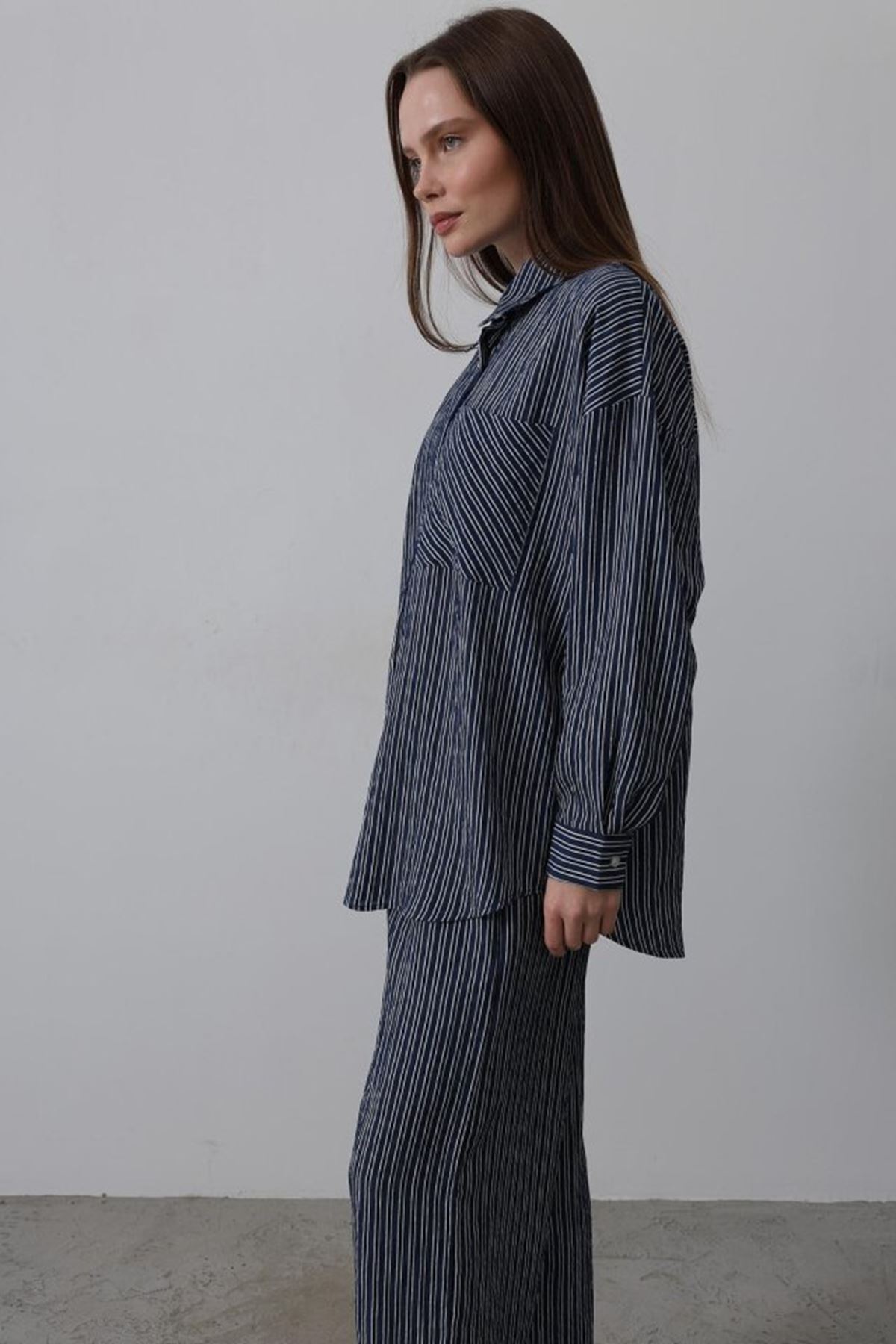 Çizgili Cep Detaylı Oversize Takım - Lacivert