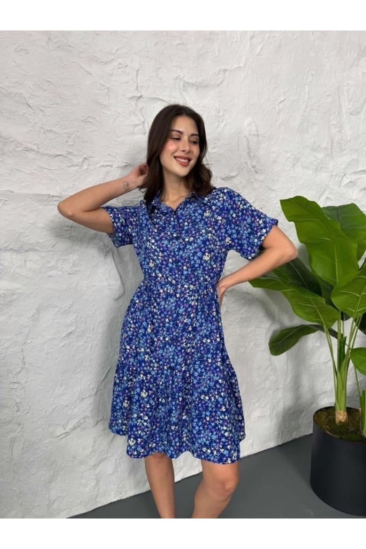 Baskılı Keten Elbise - Lacivert-Beyaz