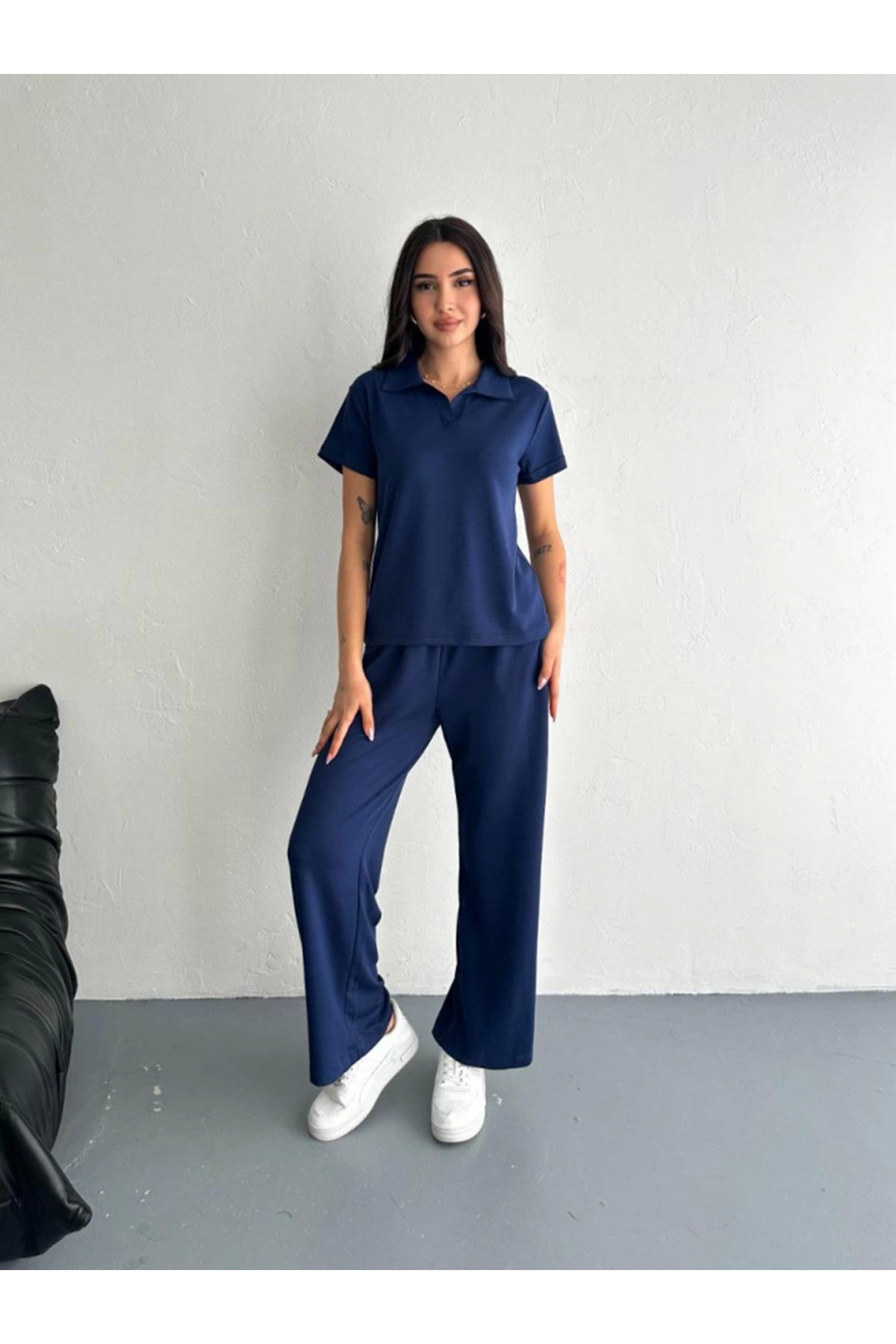 Osy Modal Yumuşak Dokulu Kumaş Kısa Kollu Yakalı T-shirt Pantalon Ikili Takım- Lacivert