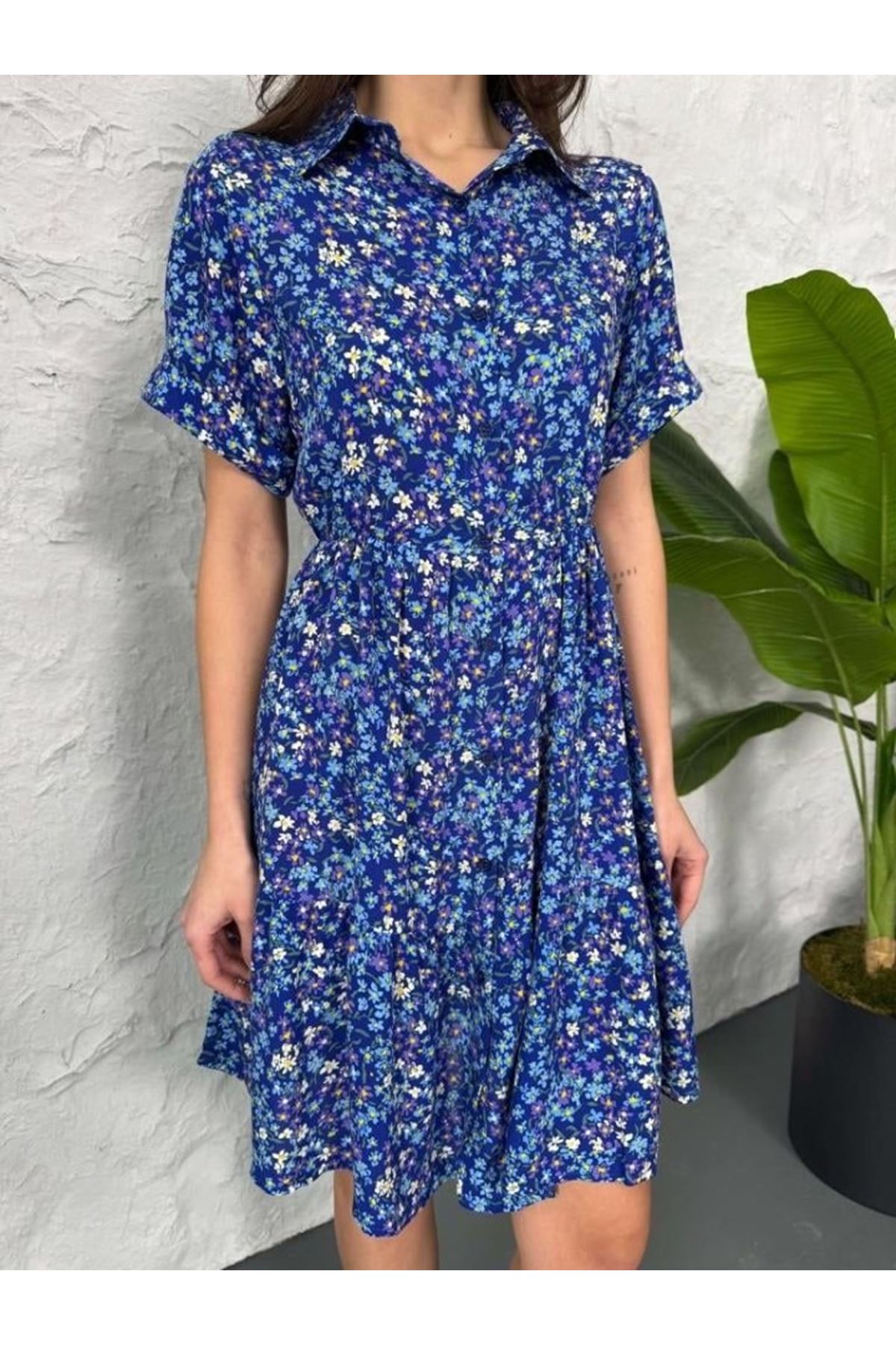 Baskılı Keten Elbise - Lacivert-Beyaz