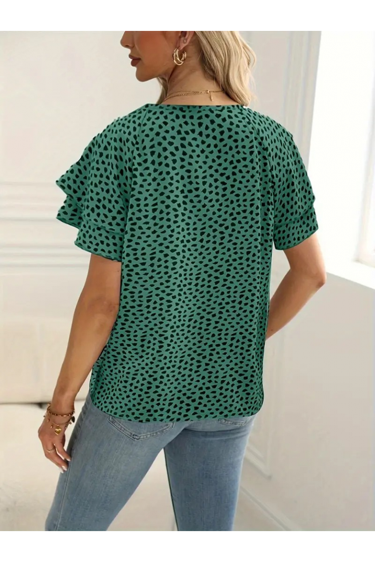 Kadın Kısa Kollu Kolları Volanlı Baskılı Süprem Bluz