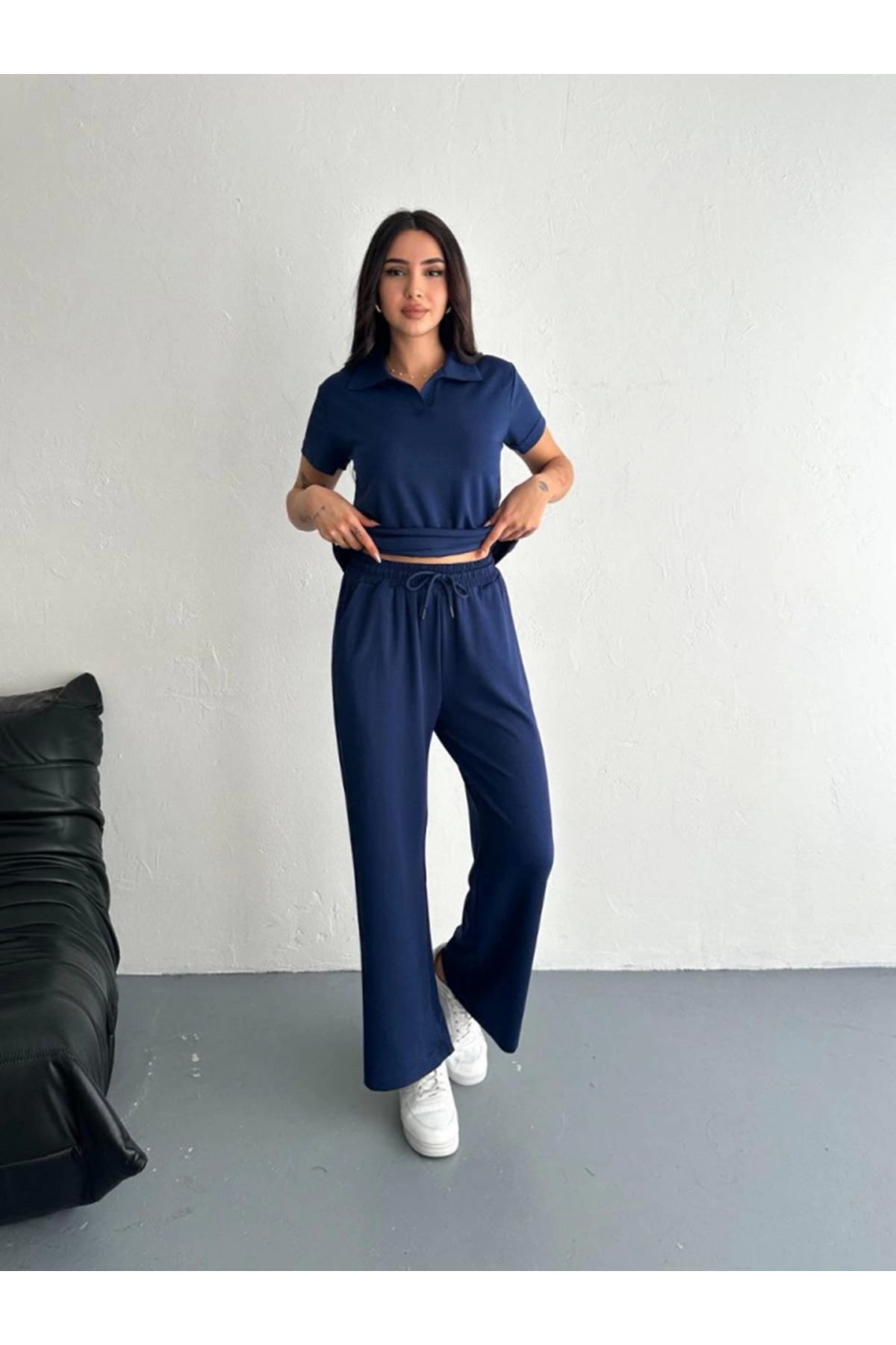 Osy Modal Yumuşak Dokulu Kumaş Kısa Kollu Yakalı T-shirt Pantalon Ikili Takım- Lacivert