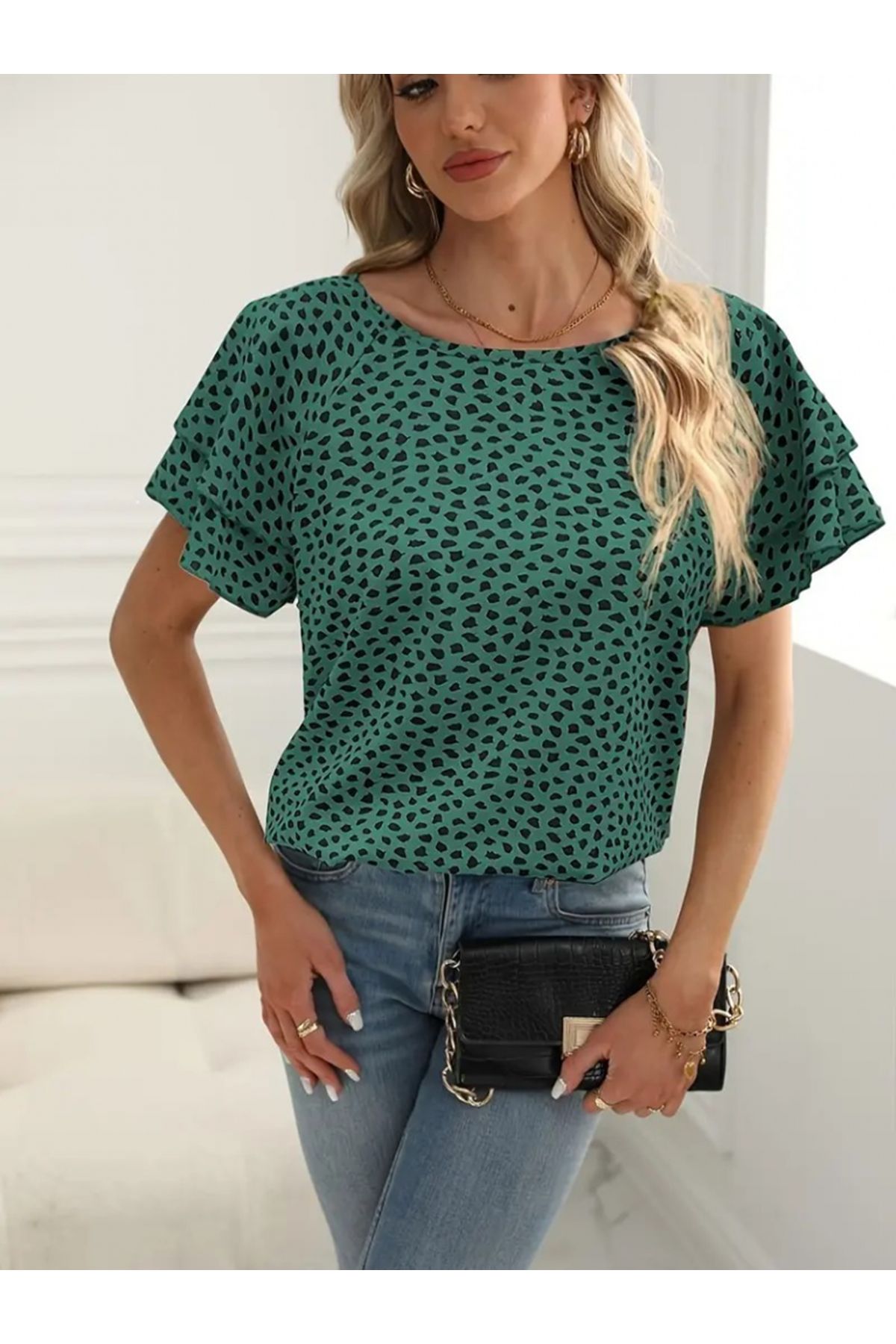 Kadın Kısa Kollu Kolları Volanlı Baskılı Süprem Bluz