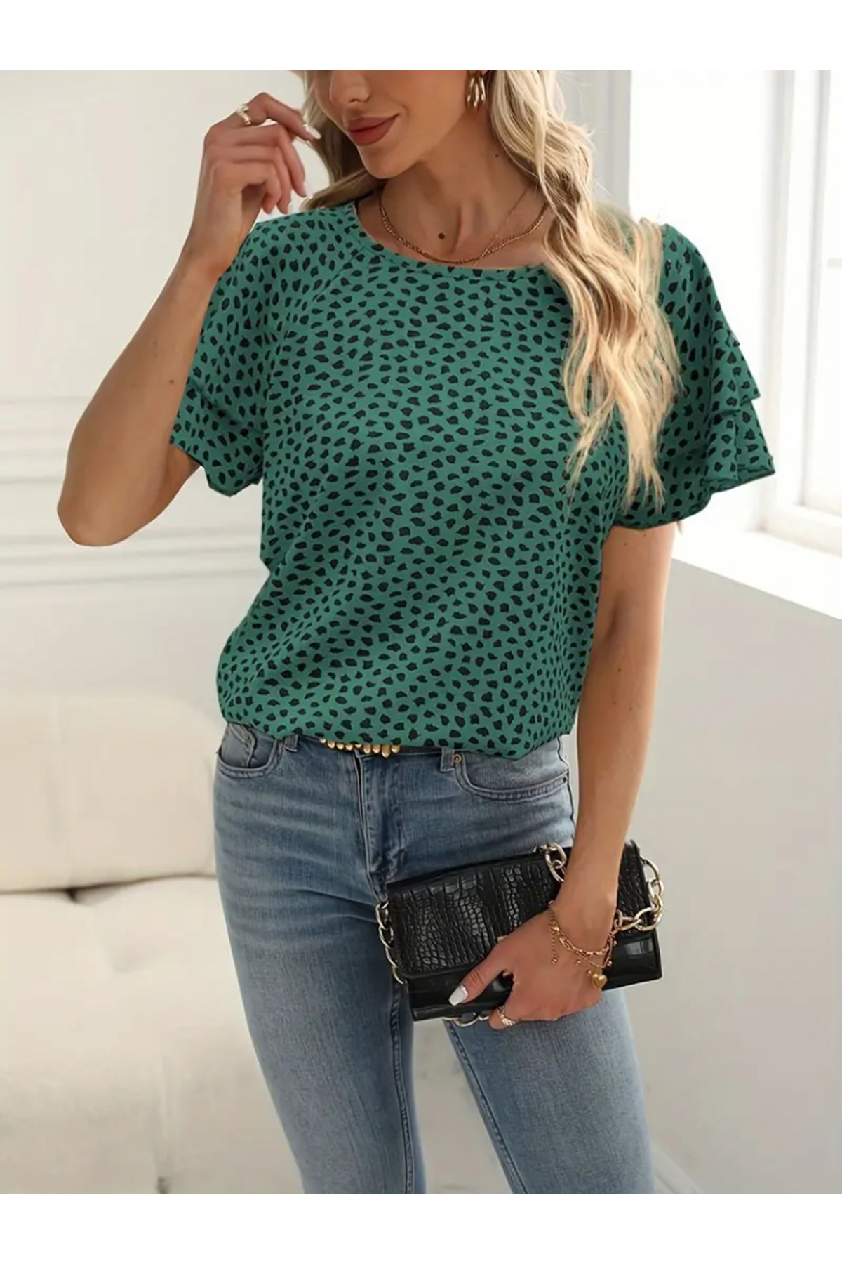 Kadın Kısa Kollu Kolları Volanlı Baskılı Süprem Bluz