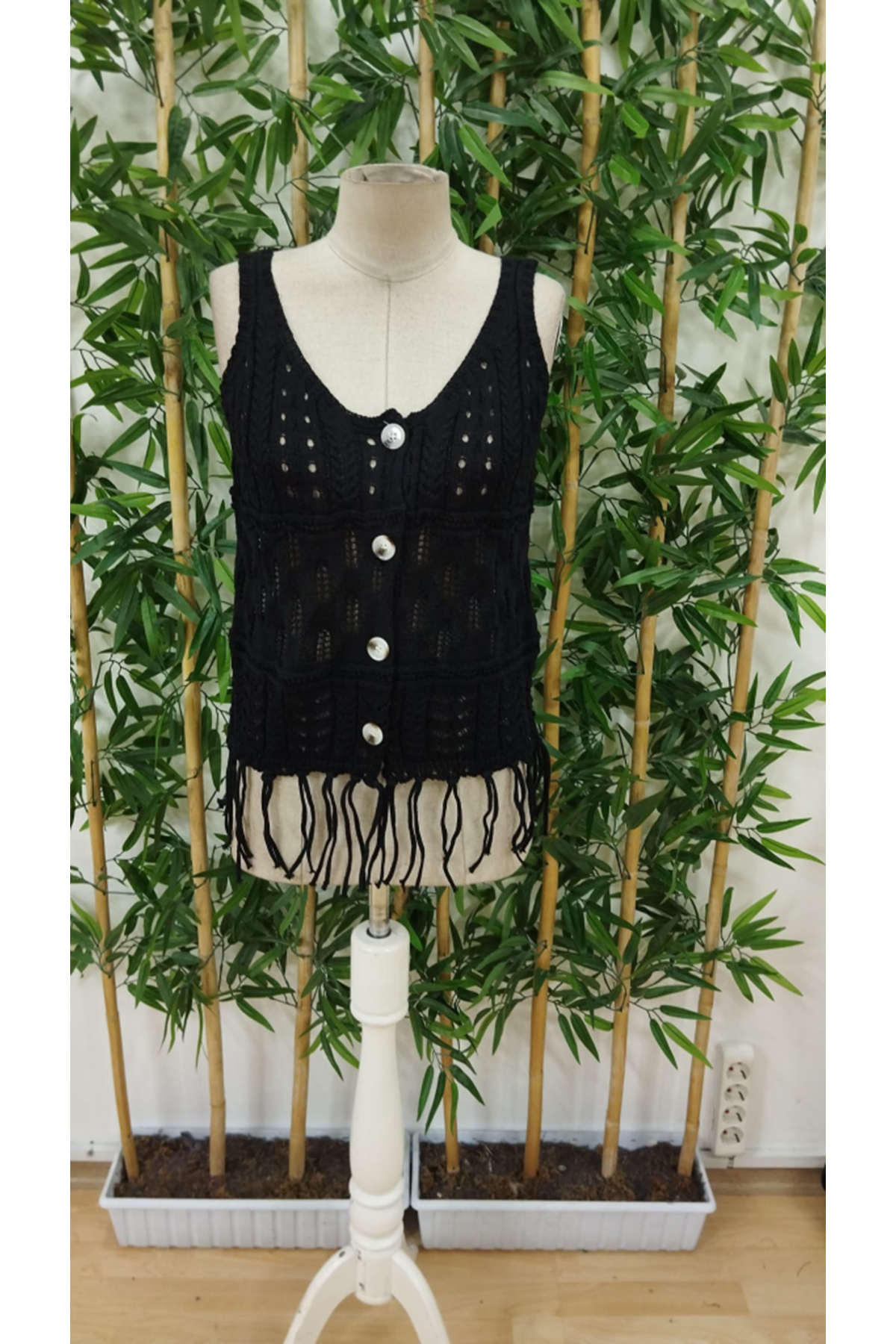 Kadın Askılı Yuvarlak Yaka önden Düğmelipüsküllü Triko Bluz