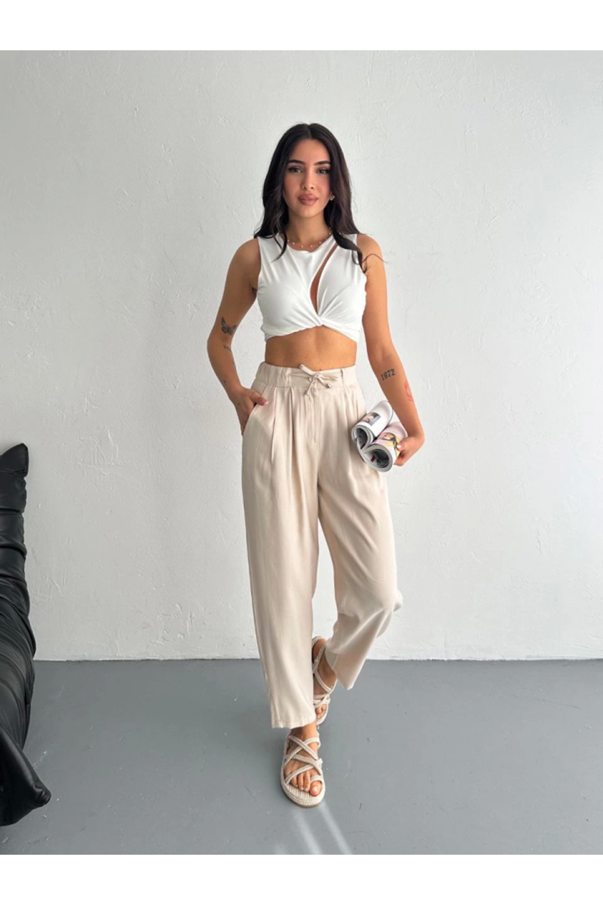 Yüksel Bel Rahat Paça Pantalon - Kırık Beyaz