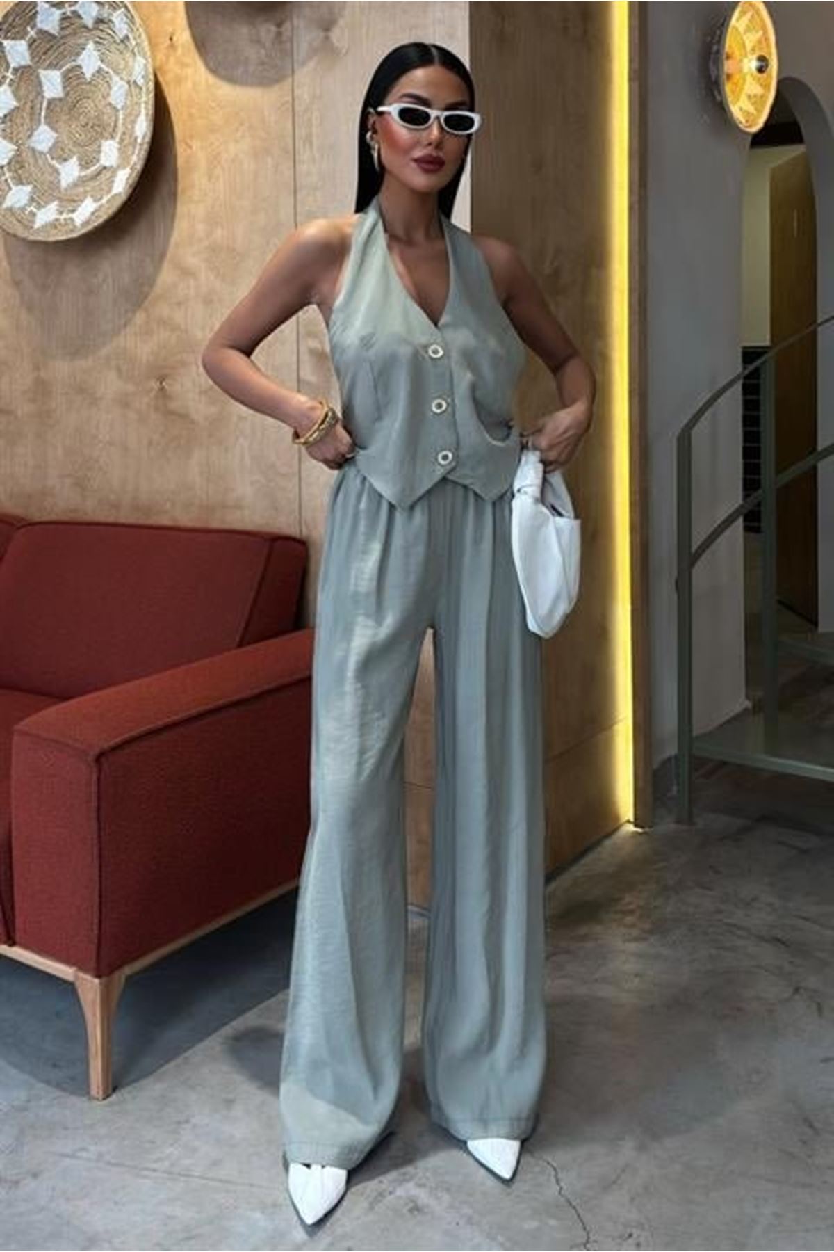 Halter Yaka Yelekli Modal Takım 10144