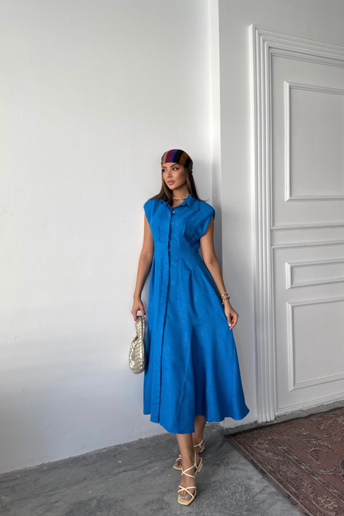 JAKARLI KETEN ELBİSE ÖNDEN YIRTMAÇLI CEPLİ - Saks