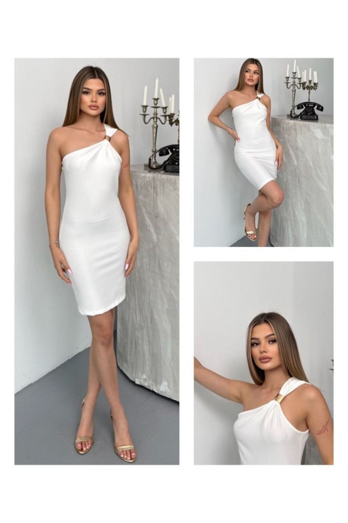 Kadın Ottoman Kumaş Tek Omuz Askılı Toka Detaylı Mini Boy Elbise