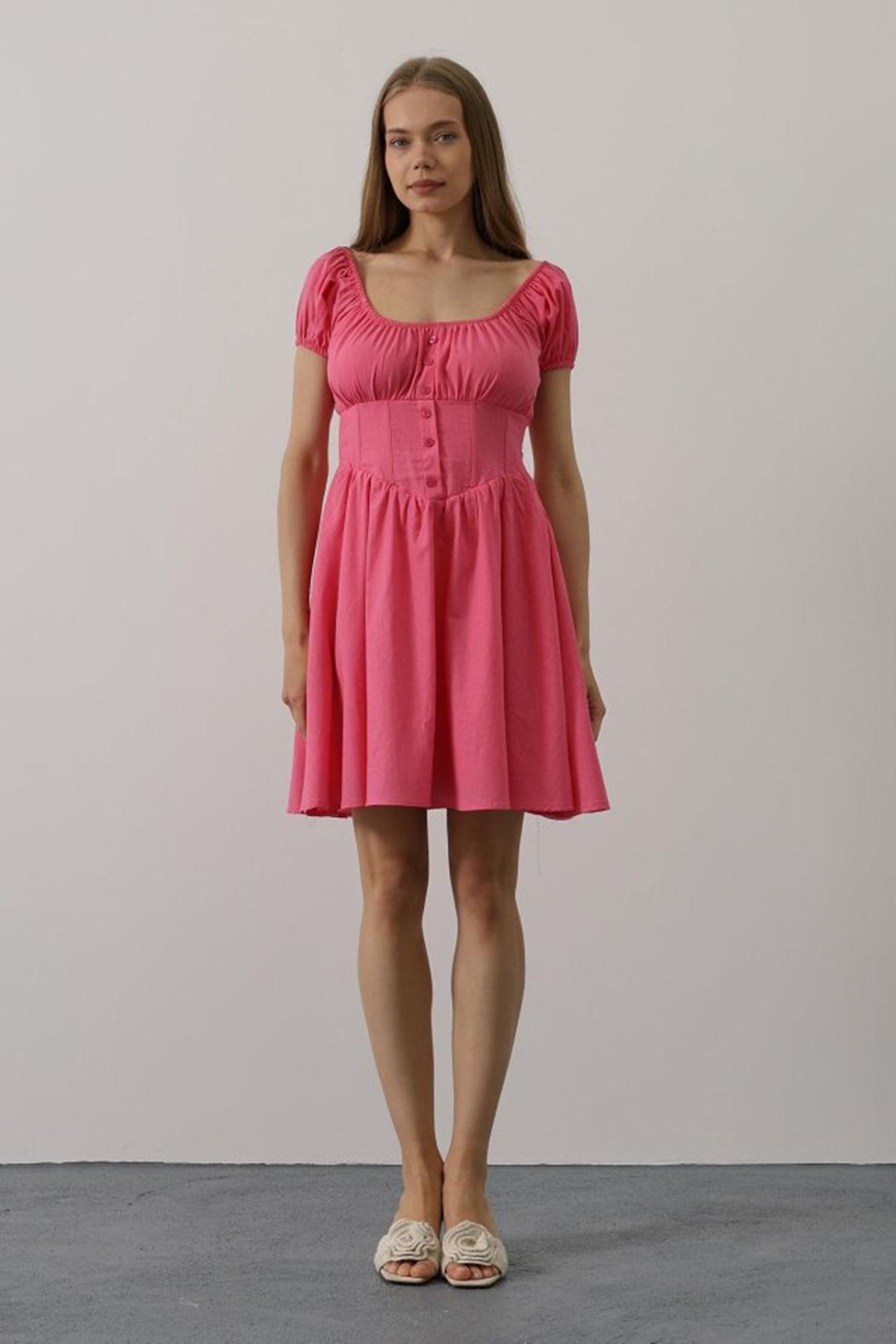 Beli Korseli Mini Elbise - Fuşya