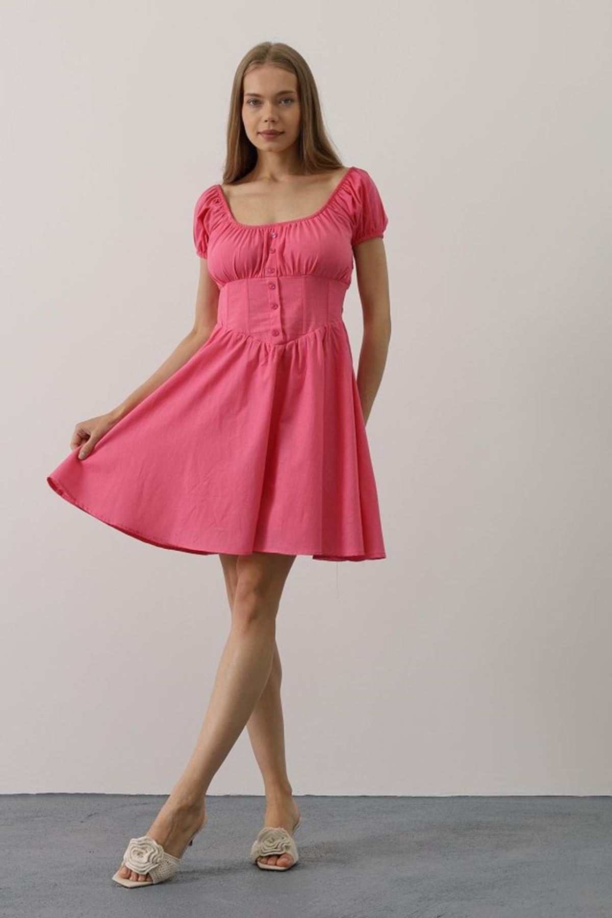 Beli Korseli Mini Elbise - Fuşya