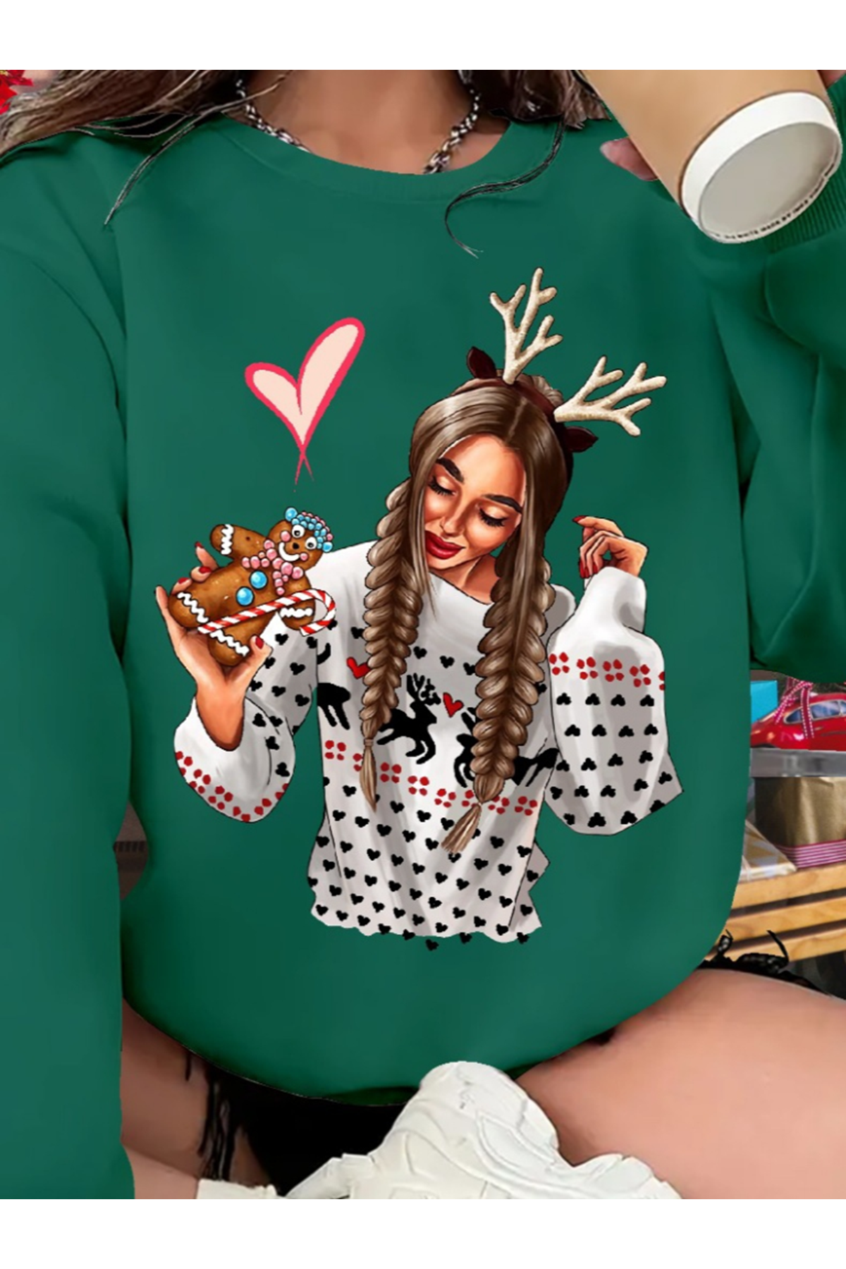 Kadın Yılbaşı Özel Uzun Kollu Bisiklet Yaka Desenli Viskon Iki Iplik Bluz