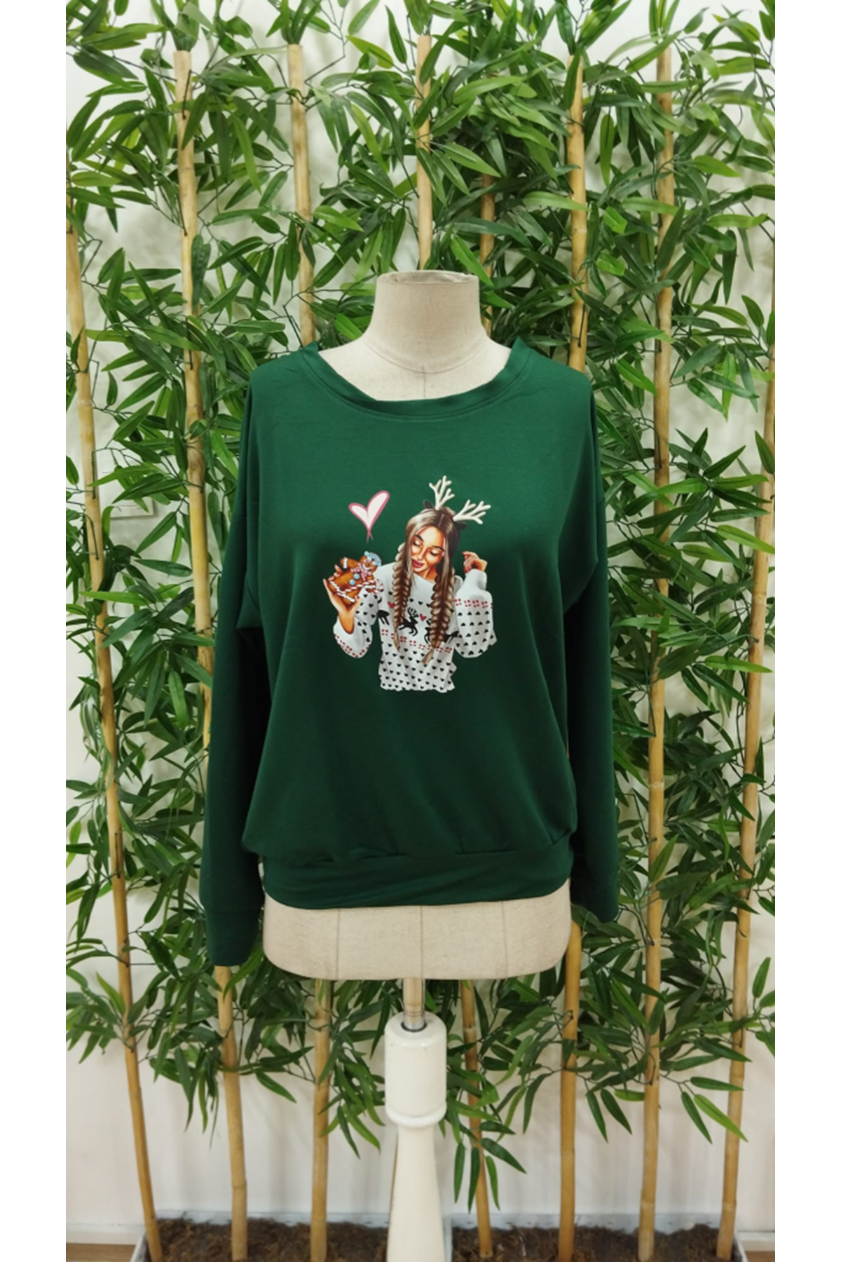 Kadın Yılbaşı Özel Uzun Kollu Bisiklet Yaka Desenli Viskon Iki Iplik Bluz