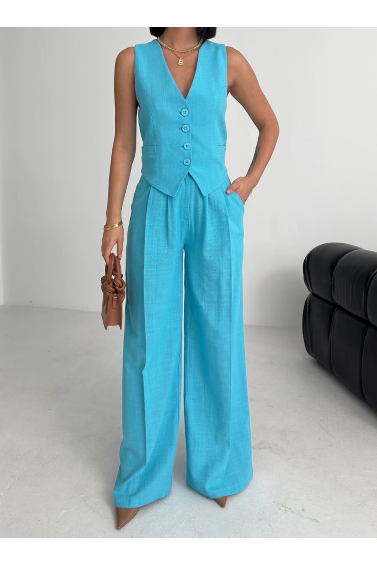 Keten Sirti Çapraz Geçi̇şli̇ Cepken Pantolon Takim